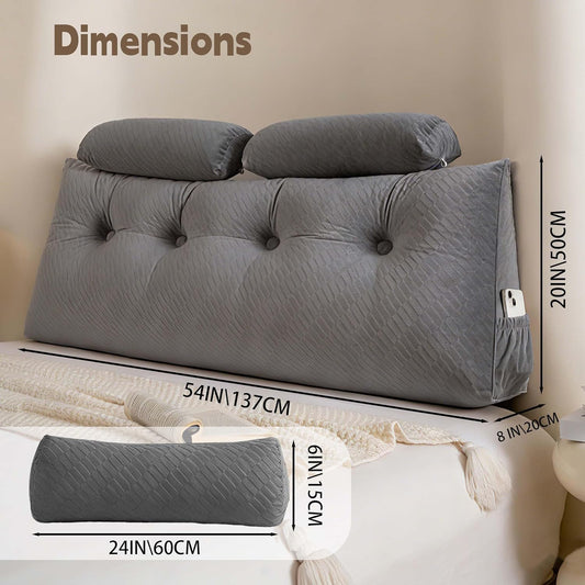 Headboard Pillow for Bed, Triangular Wedge Pillow Headboard, Reading Pillow with a Roll Pillow&Side Pockets, for Neck Lumbar Support, with Removabl fo Bed Dorm Sofa (Grey,Full 54in)