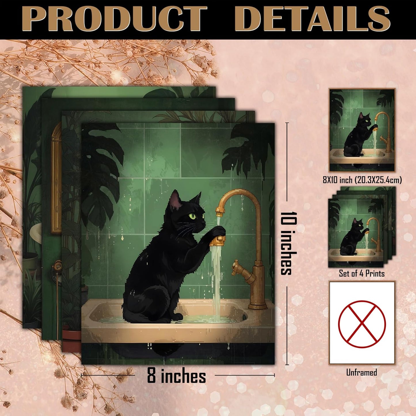 FITIE Funny Black Cat Bathroom Wall Art Prints Set of 4, Funny Black Cat Reading on Toilet Bathtub Wall Art Posters for Bathroom Washroom Restroom Decor, 8x10 Unframed