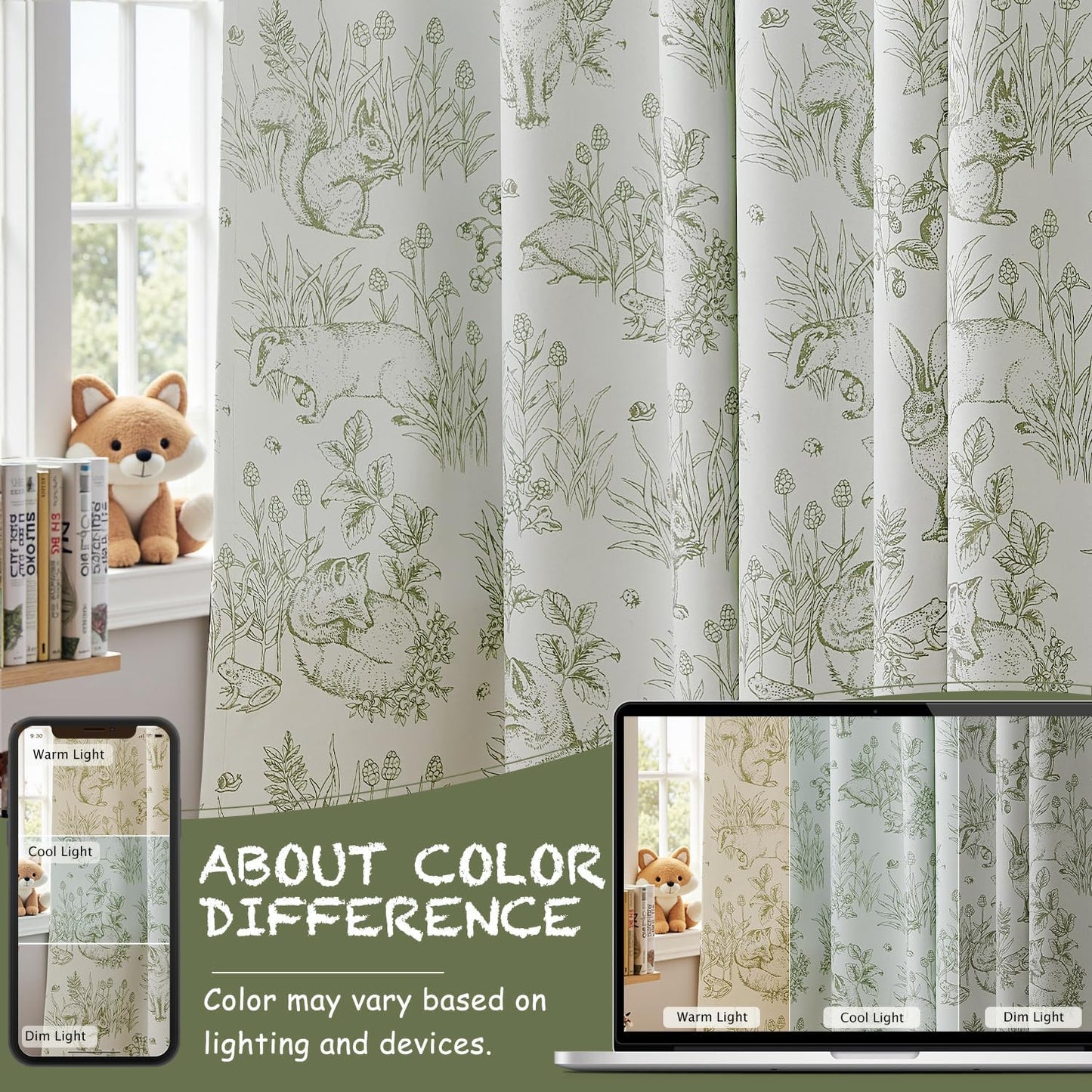JINCHAN 95% Blackout Nursery Curtains 84 Inches Long, Bunny Woodland Toile Easter Decor Curtains Sage Green on Beige Animal Printed Drapes Bedroom Spring Decoration Farmhouse Window Treatment 2 Panels