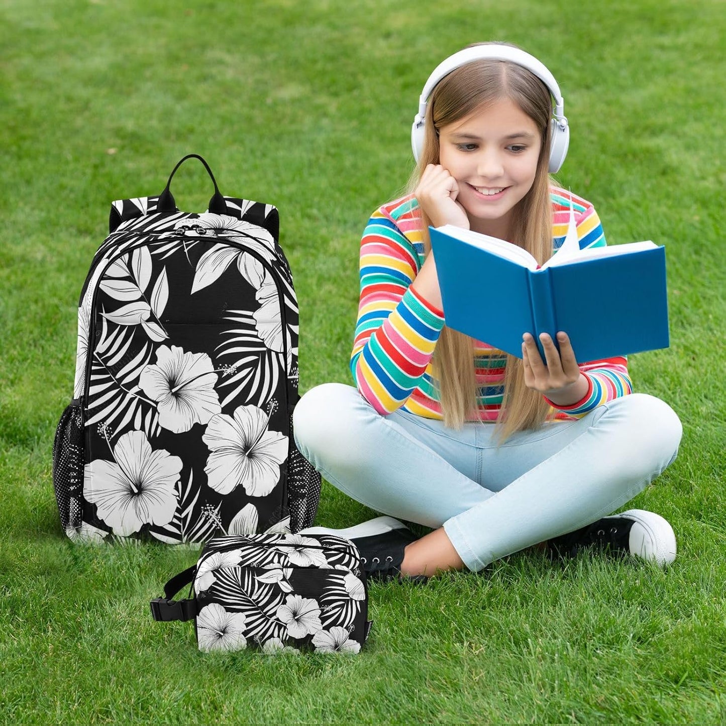 Backpack with Lunch Bag Bookbag Set,Hibiscus Flower Black White Pattern Backpack for Middle High School College Student,21L Schoolbag Kid's Backpack Bookbag Casual Daypack