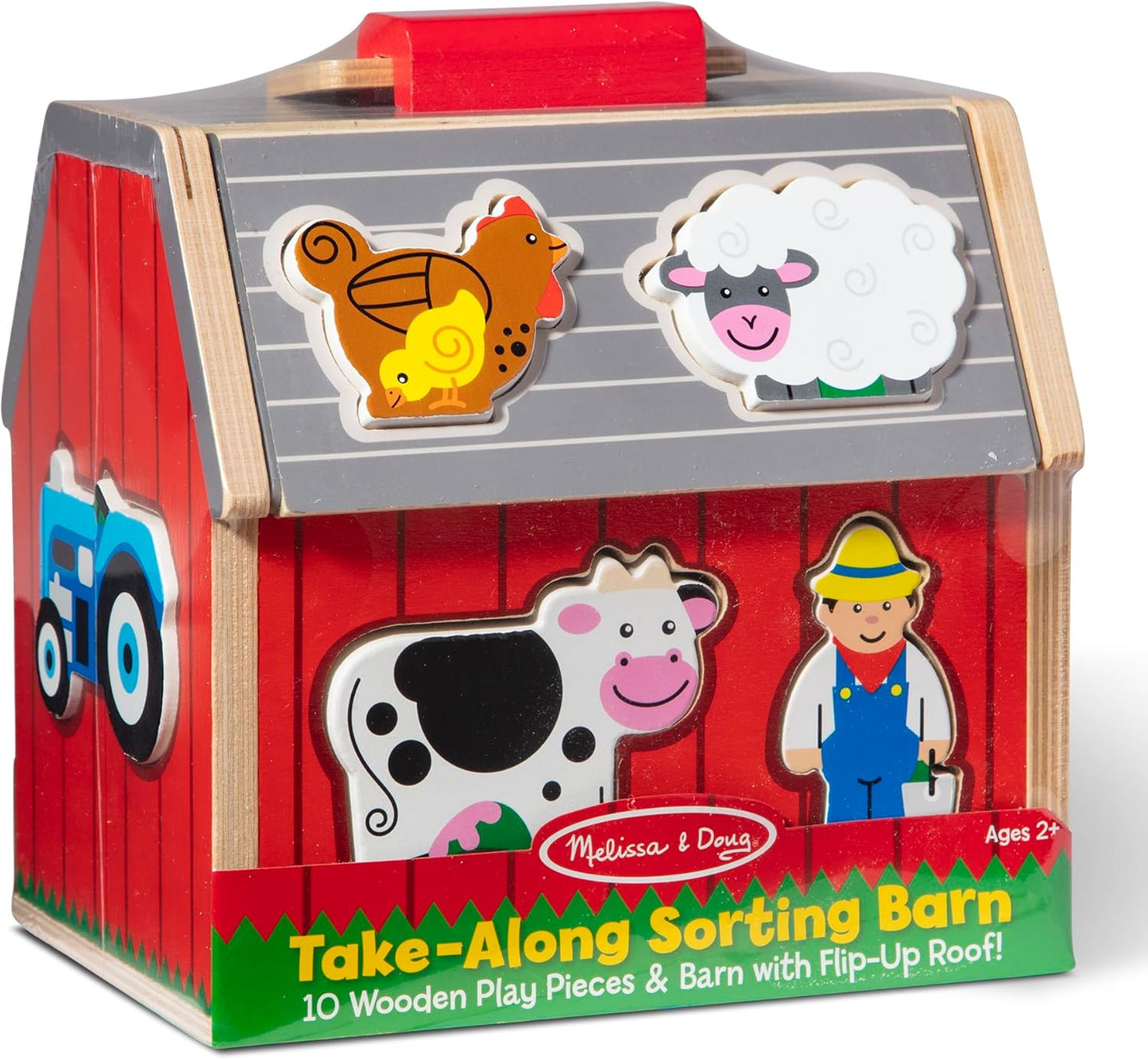Melissa & Doug Take-Along Wooden Toy Barn, 11-Pc Portable Toddler Playset with Farm Animals & Pop-Up Roof, Preschool Learning Toys for Girls & Boys 2+