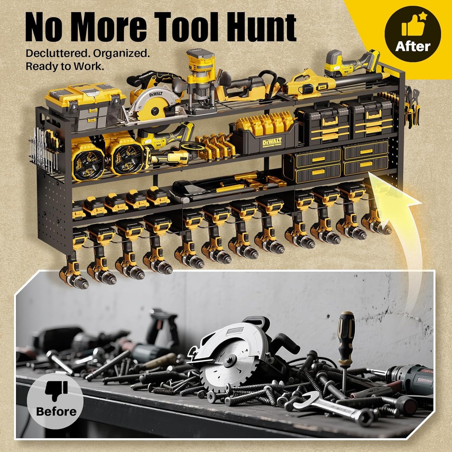 Large 49''W Power Tool Organizer Wall Mount | 620lbs Garage Storage Rack with 12 Cordless Drill Holder | 4-Tier Heavy Duty Utility Shelf for Battery Workshop Organization