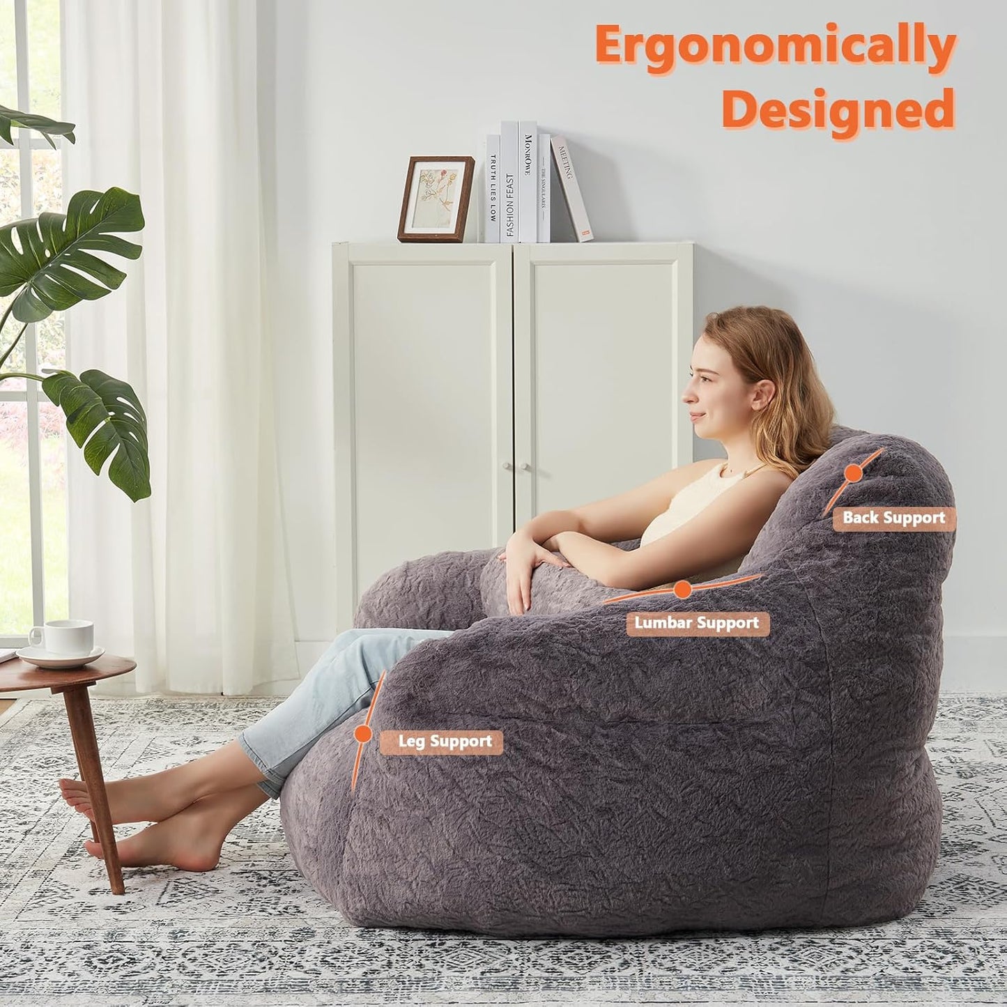 Bean Bag Chair for Adults with Pillow,Oversized Bean Bag Couch for Adults and Kids,Giant Lazy Couch Sofa Chairs with Filler,Large Reading Chair for Living Room Bedroom,Dark Gray