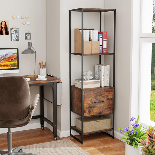 Giantex 5-Tier Bookshelf with Drawer, Narrow Bookcase w/Open Shelves & Metal Frame, Modern Storage Organizer Shelving Unit, Freestanding Display Rack for Bedroom Living Room (1,Rustic Brown+Black)
