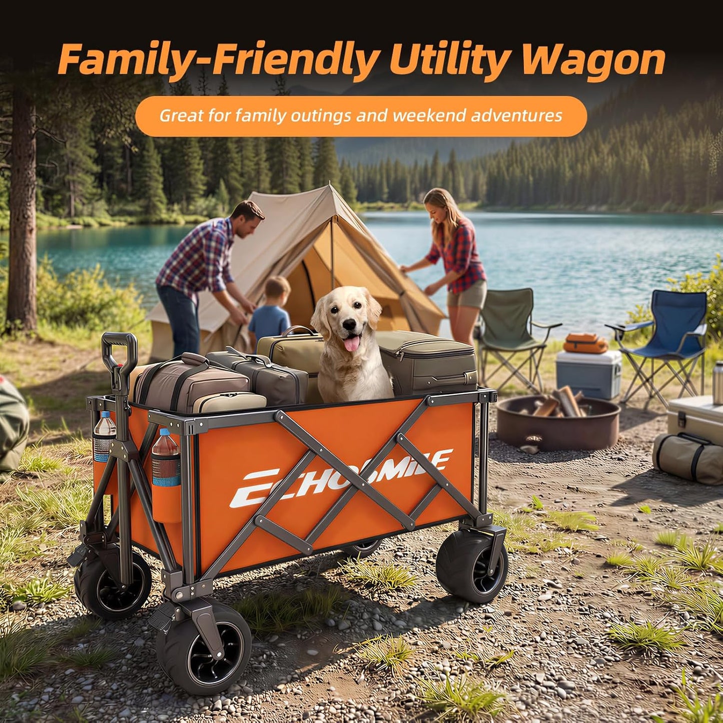 EchoSmile Collapsible Folding Wagon Cart with Compact Storage - 400Lbs Capacity All Terrain Utility Cart for Camping, Beach, Grocery, Gardening(Orange)