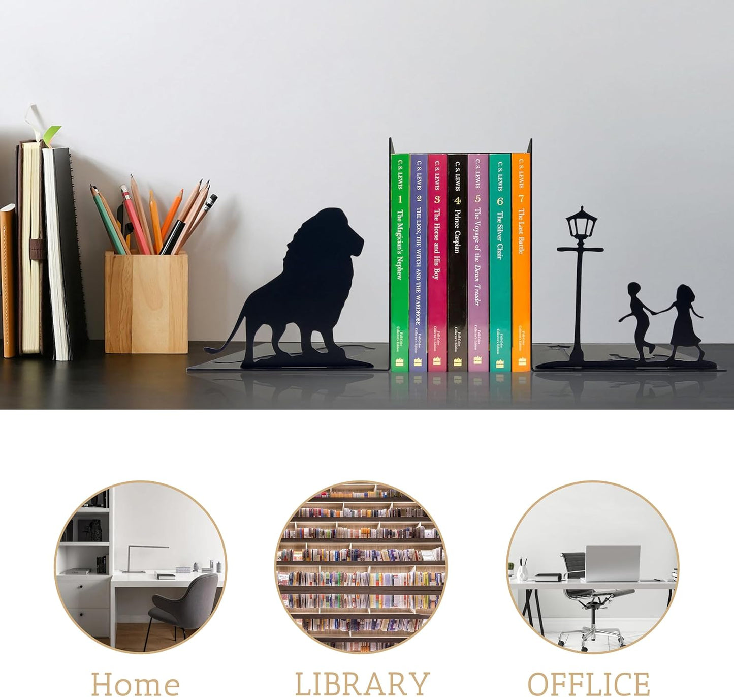 Lion & Lamp Post Decorative Bookends – Magical Themed Book Ends for Shelves, for Narnia Fans & Literary Decor Lovers