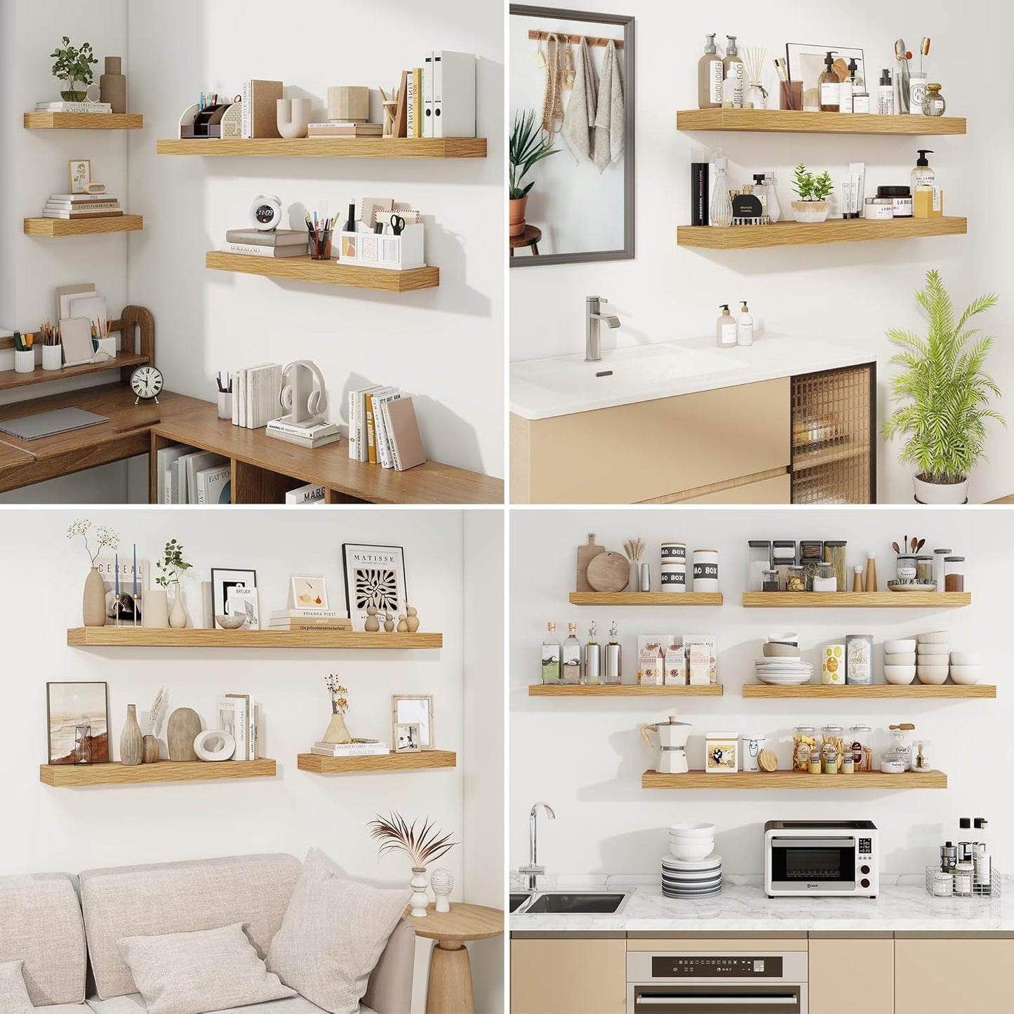 fuqing Floating Shelves for Wall, Wall Mounted Wood Floating Shelf with Invisible Brackets for Living Room, Bathroom, Bedroom, Kitchen Storage and Decor, 30 Inch Set of 2, Oak