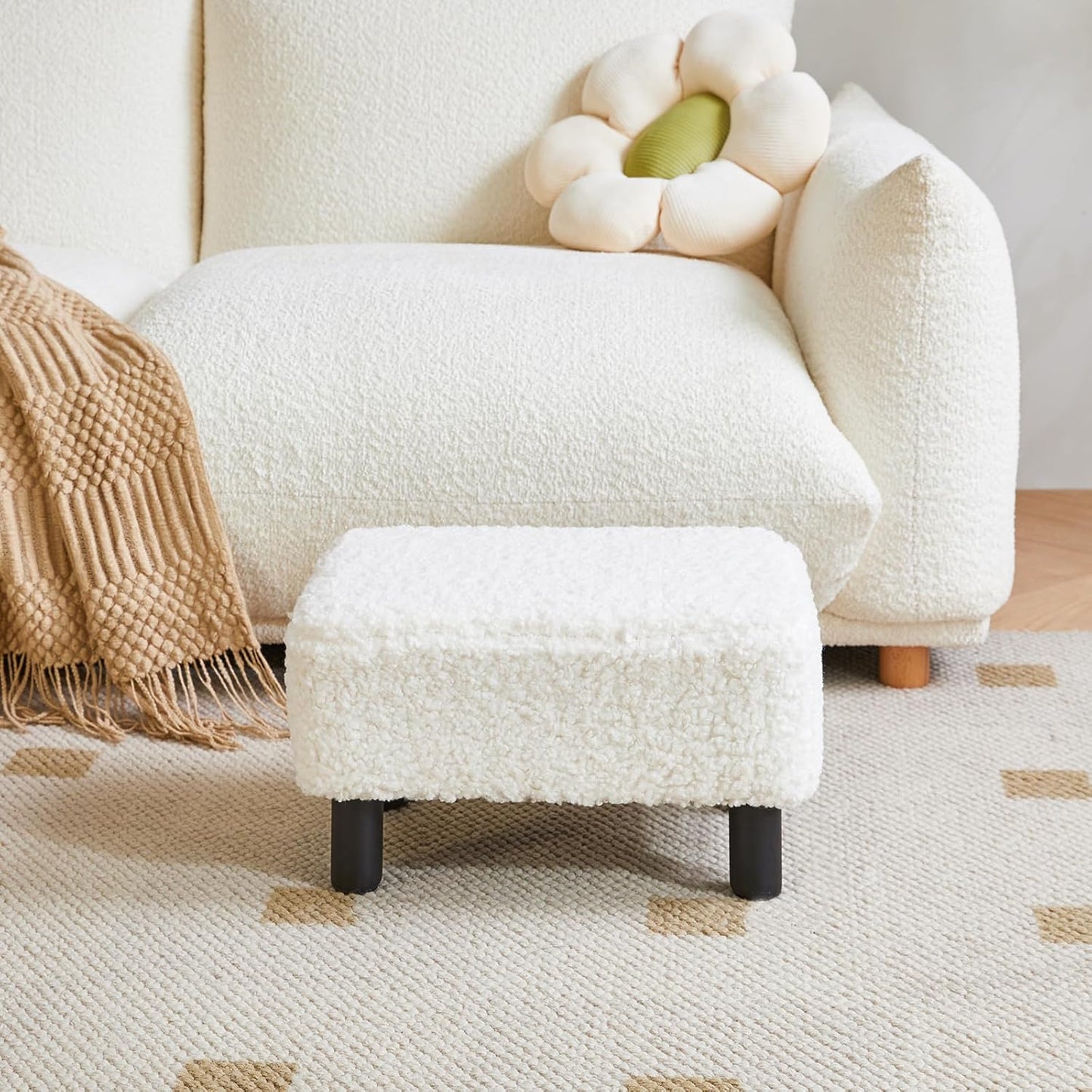 YMYNY Foot Stool Small, Foot Rest Ottoman with Stable Wooden Legs Under Desk, Sofa Footstool for Living Room, Bedroom,Office 16.54''L x 11.42''W x 9.06''H White URF-BD216