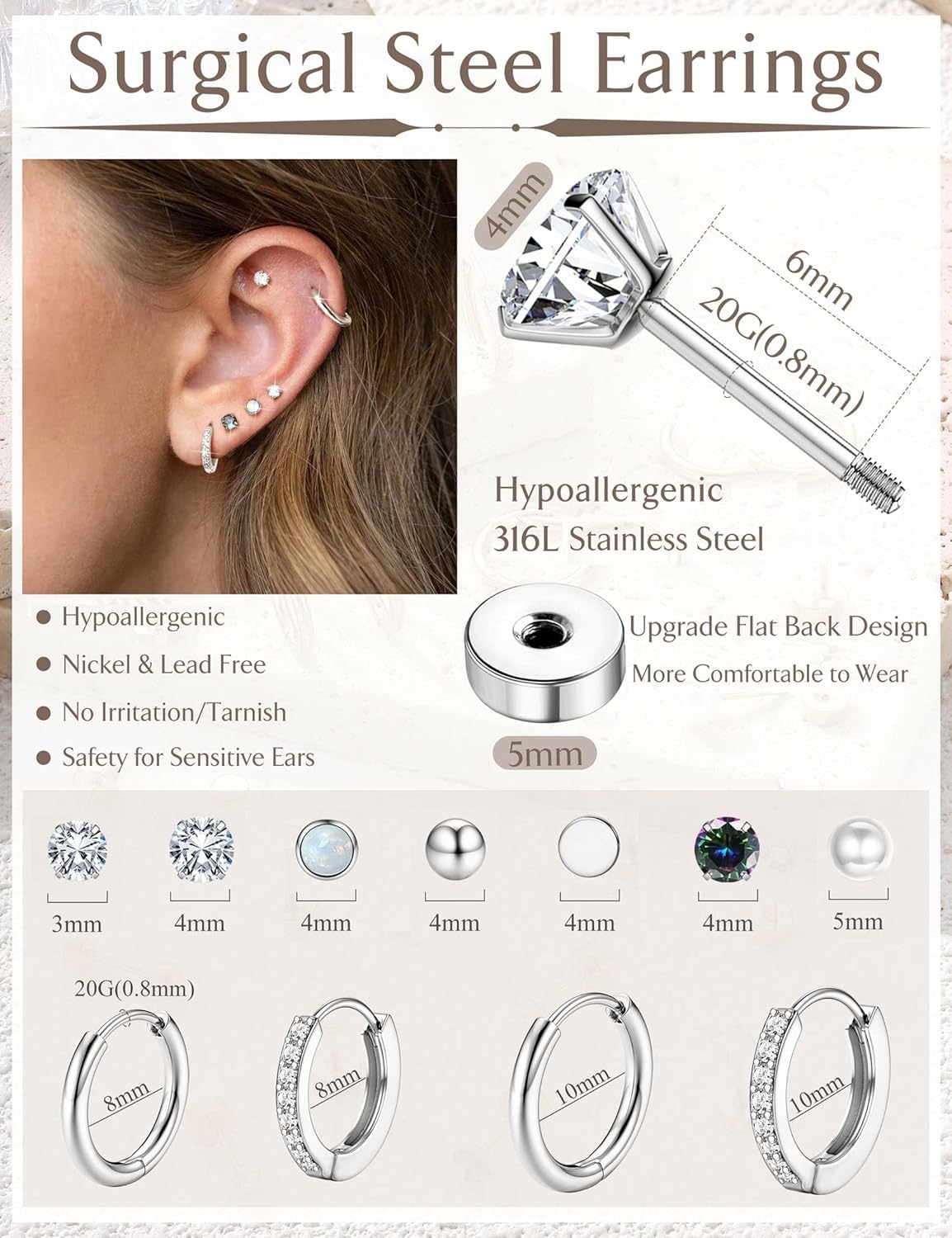 Jstyle Hypoallergenic Stud Hoop Earrings for Women Small Flat Back Surgical Stainless Steel Earrings for Sensitive Ears Trendy Silver Hoops Cartilage Earring Stacks Set Multiple Piercing Jewelry Gifts