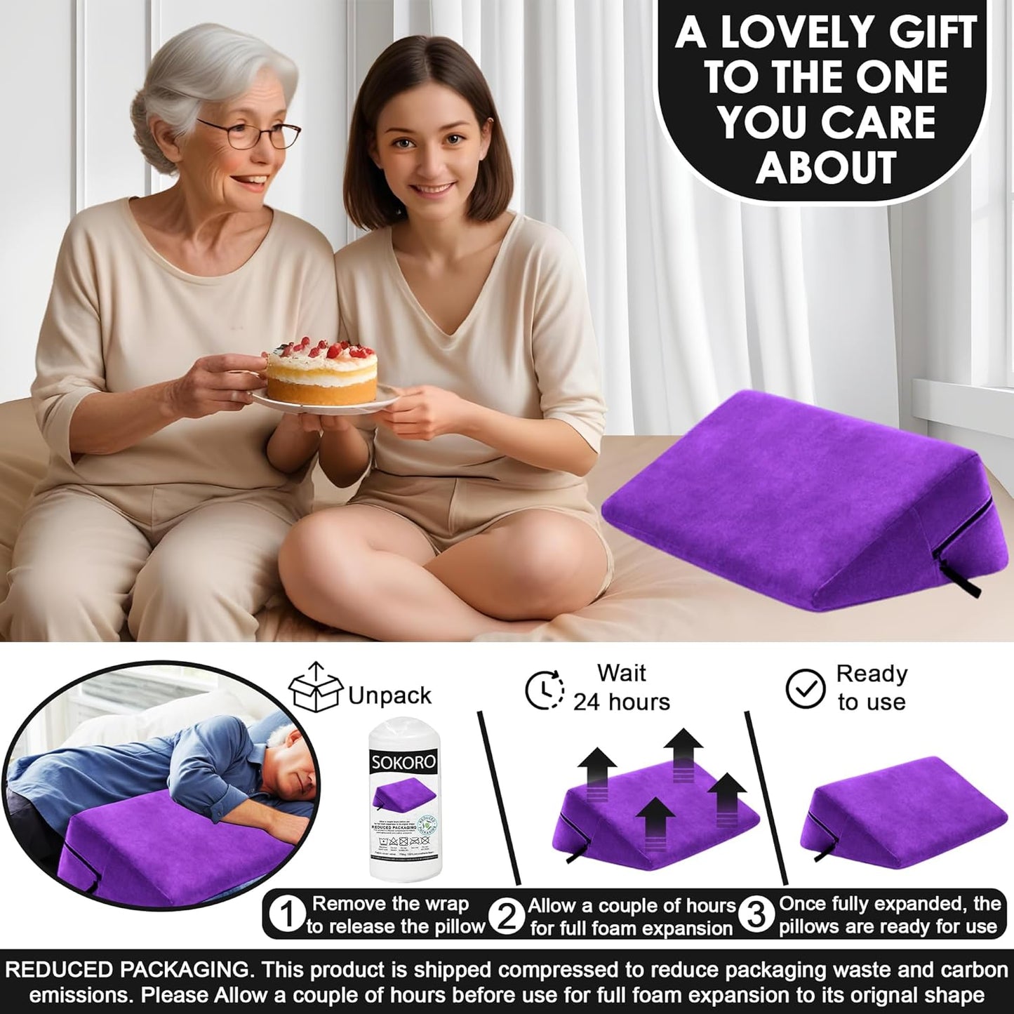 sokoro Bed Wedge Pillow for Sleeping, Triangle Pillow Wedge, Acid Reflux, Gerd, After Surgery, Back Support, Body Positioners for Pregnancy, Adults, Seniors to Elevate Head, Knee, Leg, Purple