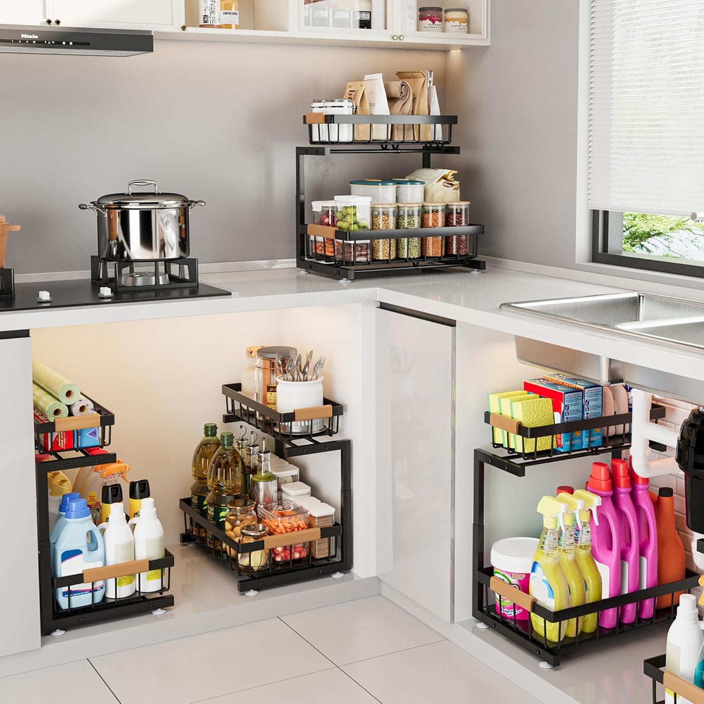 ADBIU Under Sink Organizer 2 Pack, 2 Tier Pull Out Cabinet Organizer with Expandable Height (13.2"-17.2"), Slide Out Metal Storage Shelves for Kitchen, Bathroom, Pantry and Under Cabinet