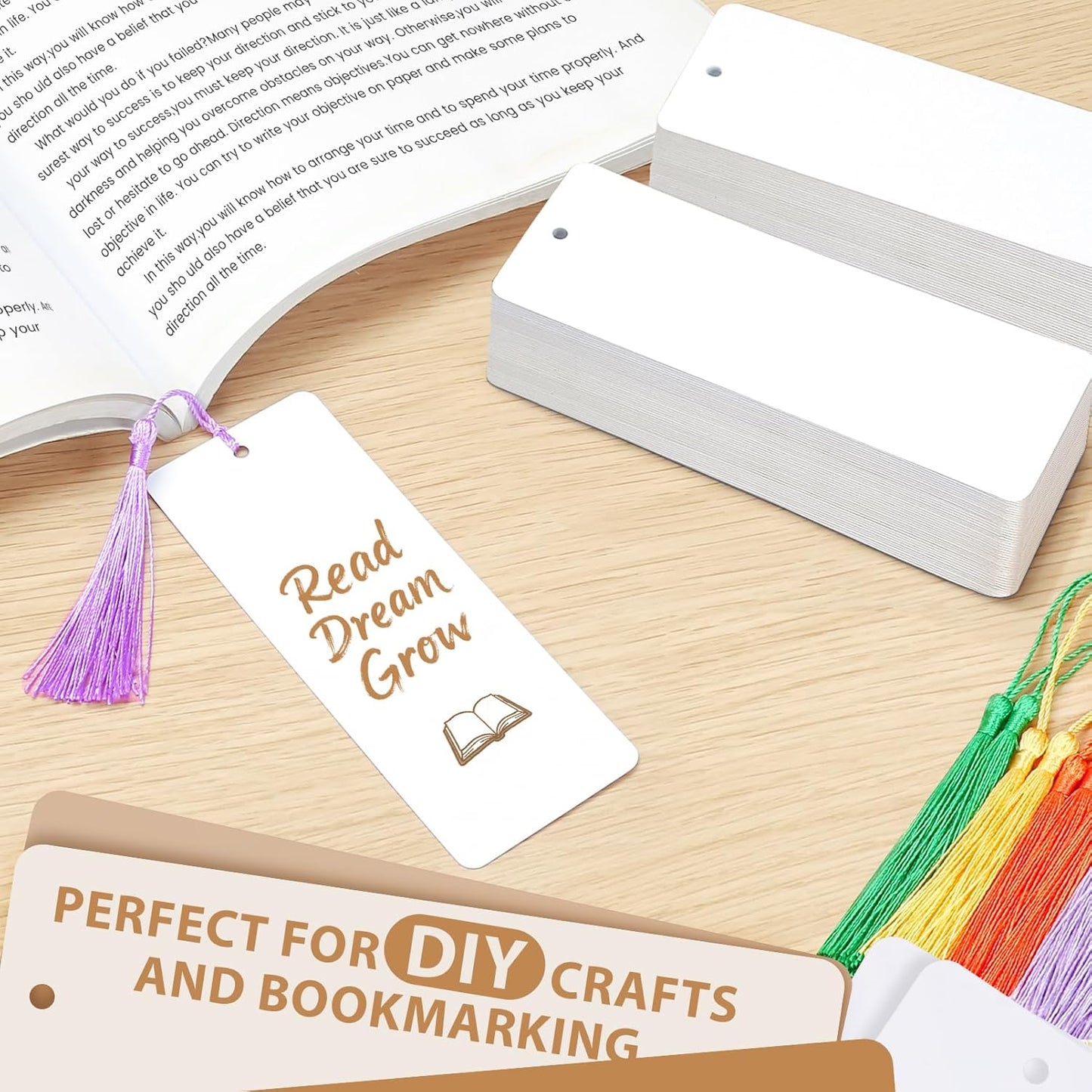 120 Pcs Blank Bookmarks to Decorate with 100 Colorful Tassels, Thick 350GSM Cardstock Bookmarks for DIY Crafts, Holiday Reading, Classroom Projects and Gift Tags, 5.5x2 Inch Bulk Set