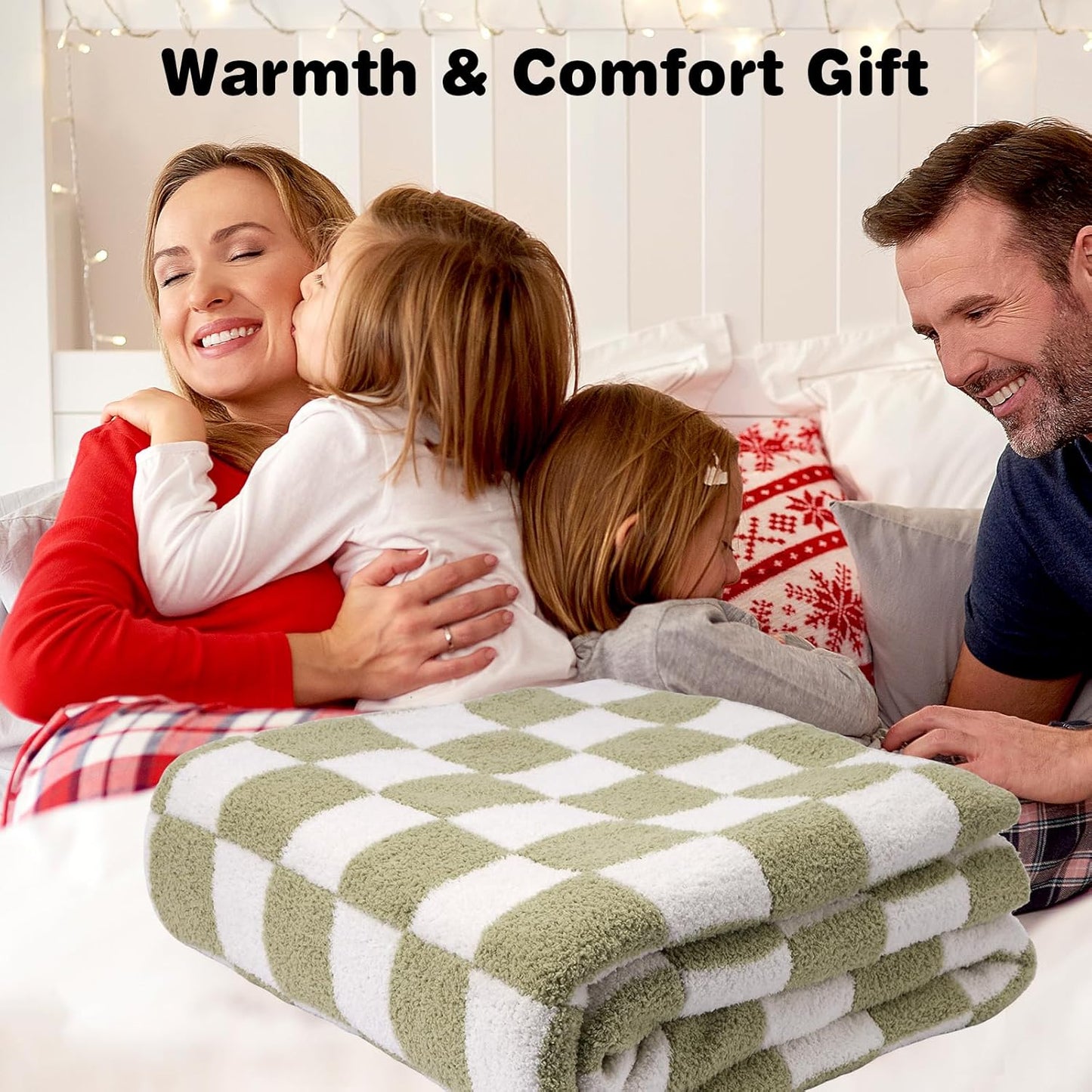 Cozy Knit Throw Blanket - Ultra Soft & Warm Checkerboard Grid Pattern Fluffy Polyester for Couch, Bed - Gift for Women, Mom, Daughter (50x60 in, Green)