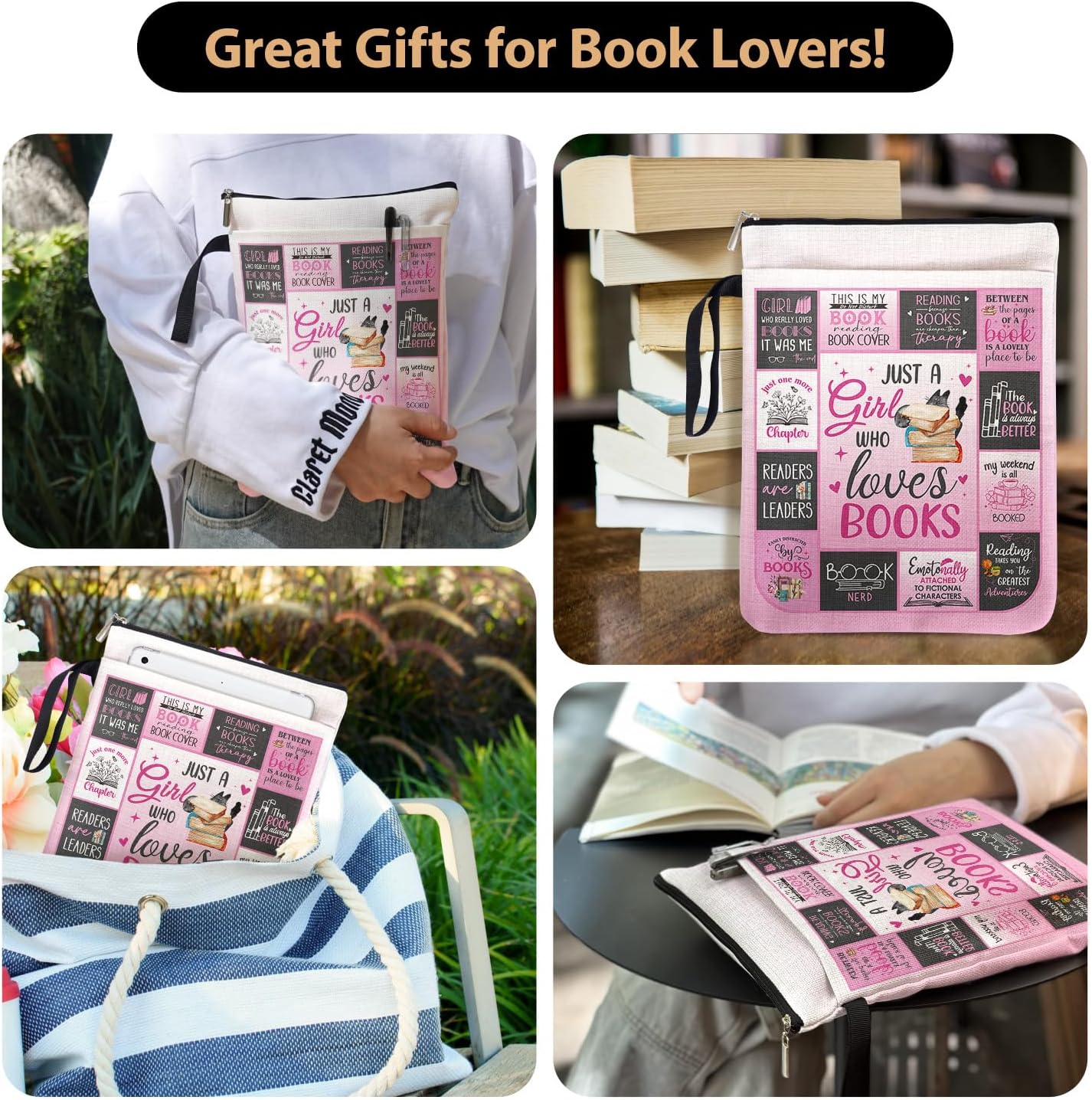 Just a Girl Who Loves Books - Book Lovers Book Cover Gifts for Librarian Teachers with Zipper & Front Pocket, Book Sleeve Gifts for Book Club Bookworm Women Birthday Graduation Reading Day
