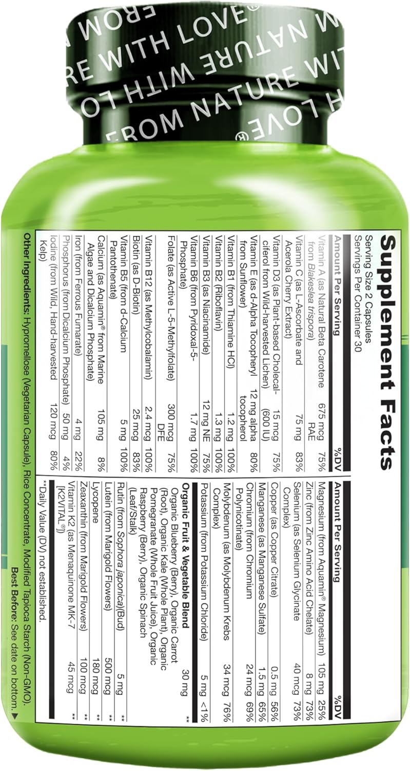NATURELO Multivitamins for Teenage Girls/Boys, 60 Capsules, Whole Food Multivitamin with Minerals, Non-GMO, Vegetarian