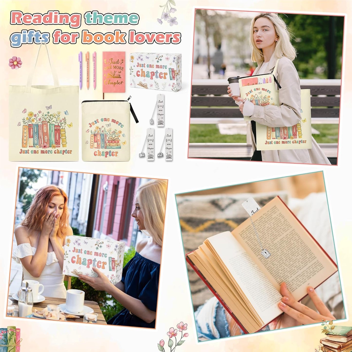 K1tpde Book Lover Gift for Women - 9PCS Retro Wildflower Bookworm Gift Set Canvas Tote Bag, Book Cover Sleeve, Notebook, Ballpoint Pen and Bookmark, Birthday Bookish Present Book Accessories for Women