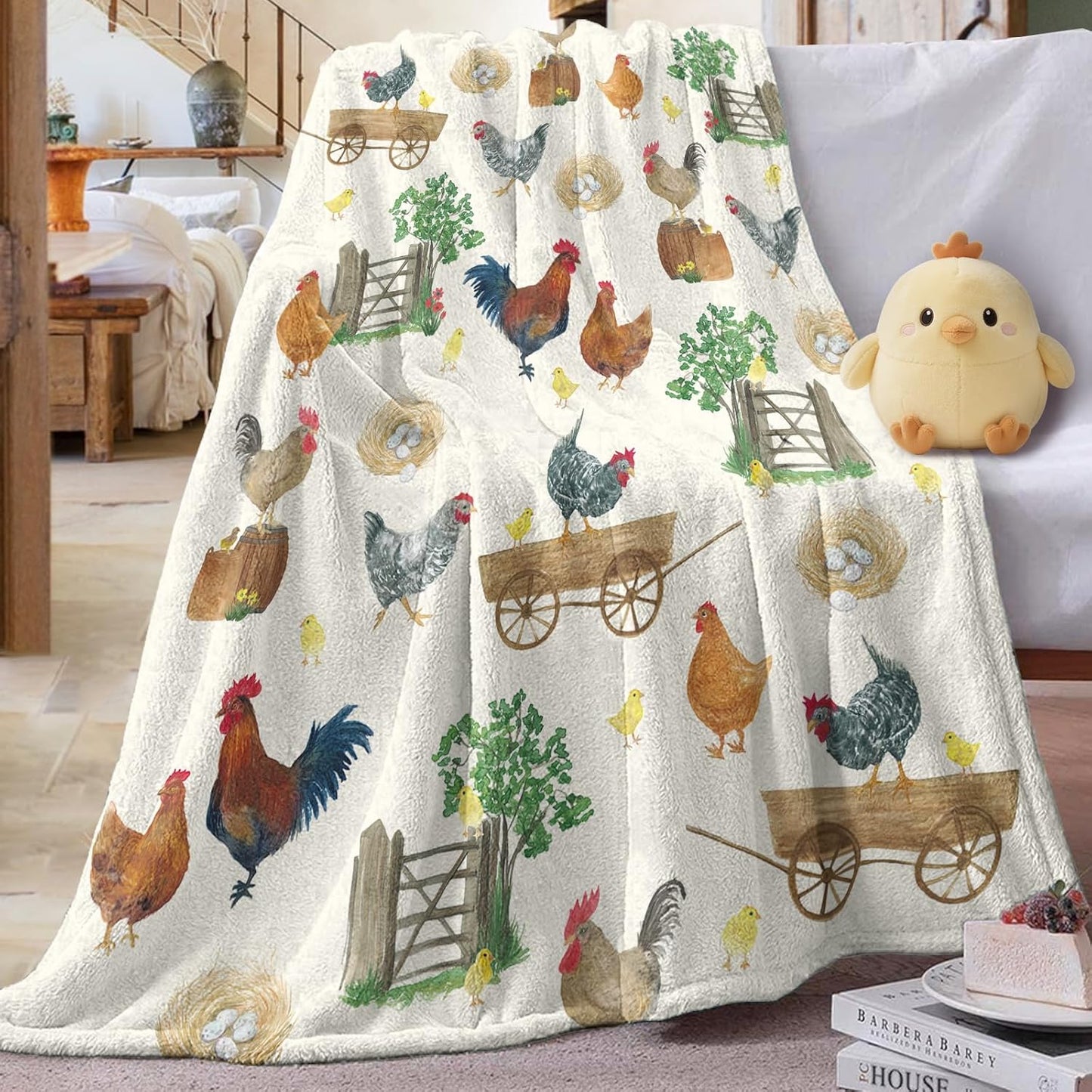 Farm Animal Chicken Flannel Throw Blanket, Cute Birthday for Kids Boys Girls Men Women, Farmhouse Rooster Hen Chicks Eggs Botanical Soft Blankets for Bedding Sofa 50 x 60 Inches