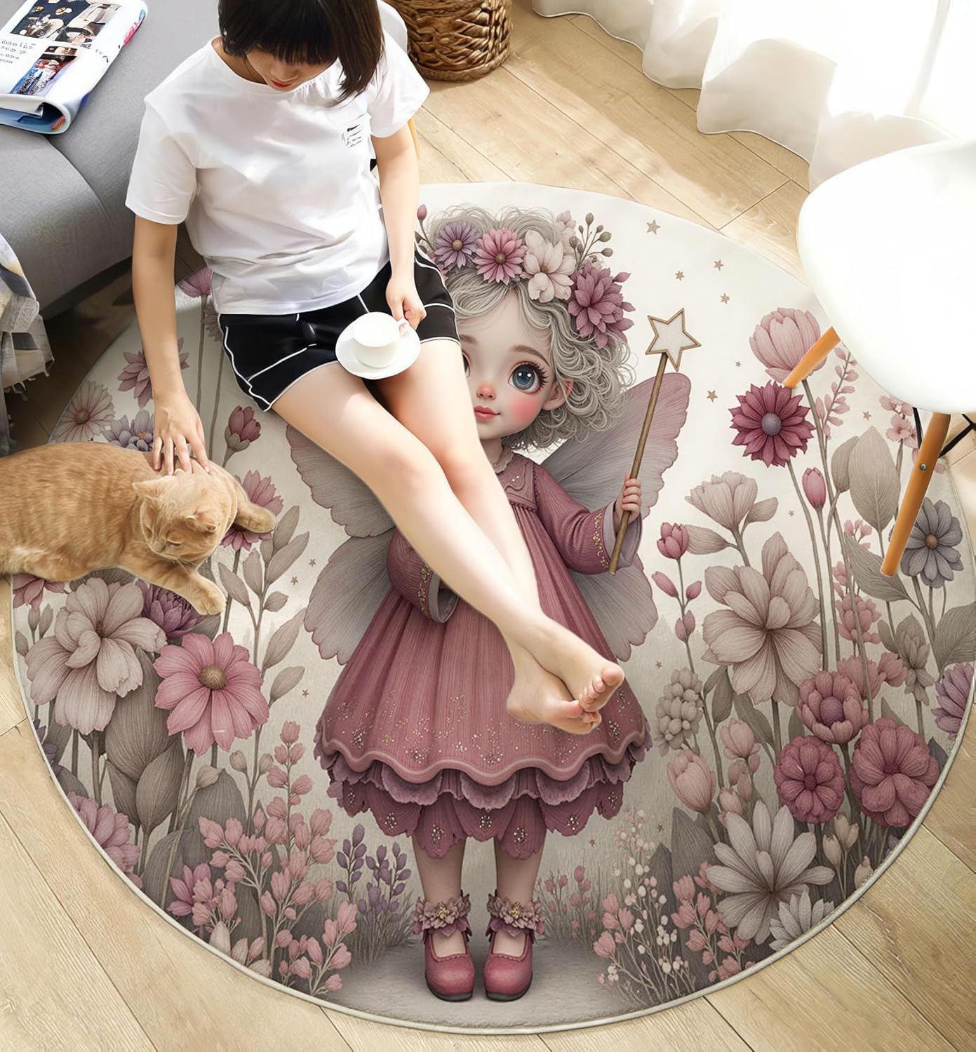 4Ft Round Washable Rug - Large Area Rug for Living Room Dining Room, Pink Gray Soft Bedroom Carpet with Cute Flowers Fairies Pattern, Fairy Tale Illustration Décor, Low Pile Stain Resistant