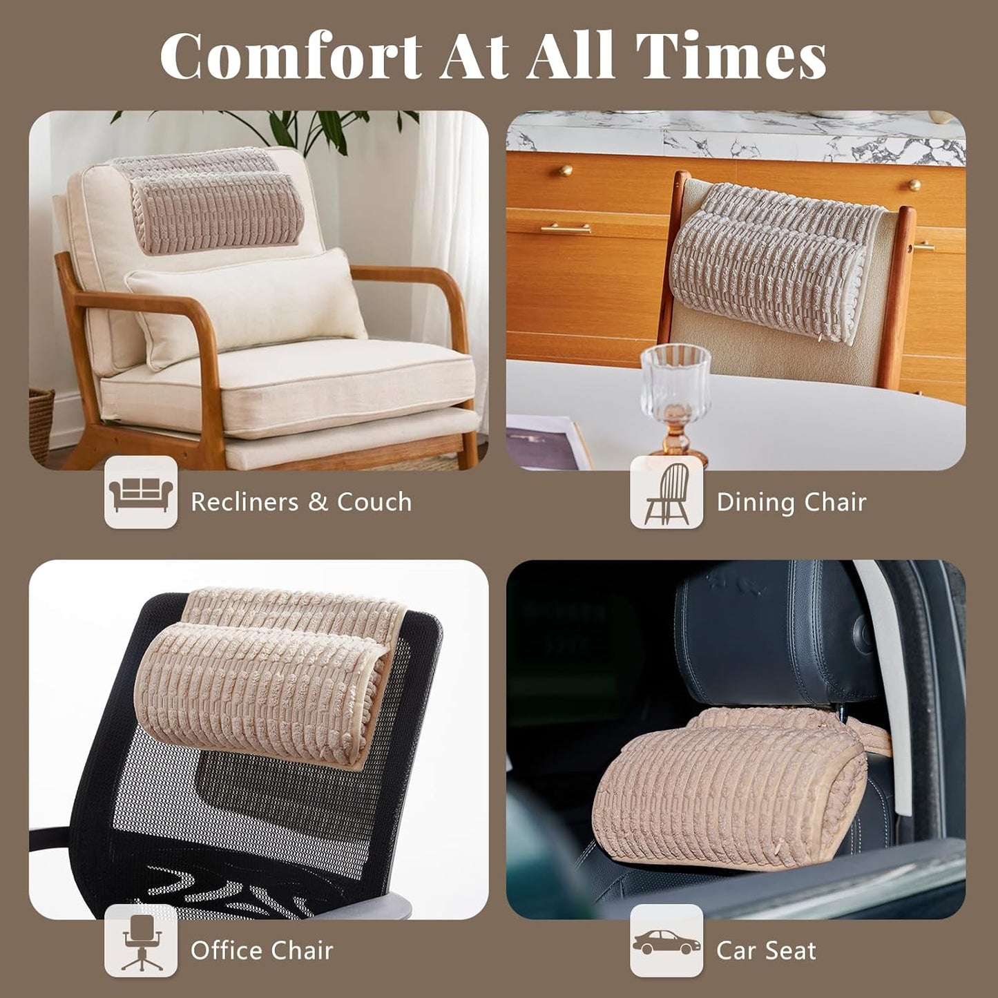 Headrest and Support Pillow,Recliner Pillow for Neck, Head, or Foot for Office or Massage Chairs, Neck Pain Relief and Cervical Support. Nonslip, Removable Cover(Khaki, 5.5" Wx13 Lx3 H)