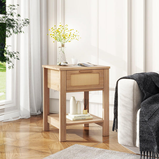 IBUYKE Rattan Nightstand Set of 2, Night Stand with Drawer and Storage Shelf, Boho Bedside Tables, Farmhouse End Side Table for Bedroom, Natural UWNS011N-2