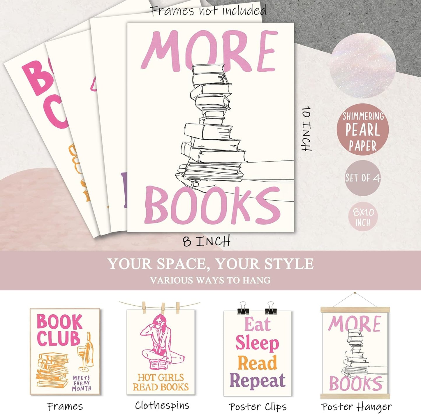 Aychlithic Book Club Decor Posters - Book Lovers Bookish Gift, Trendy Girly Preppy Room Decor, Reading Room Poster Prints Wall Art for Dorm Library Reading Corner Unframed 8x10 Inch, Set of 4