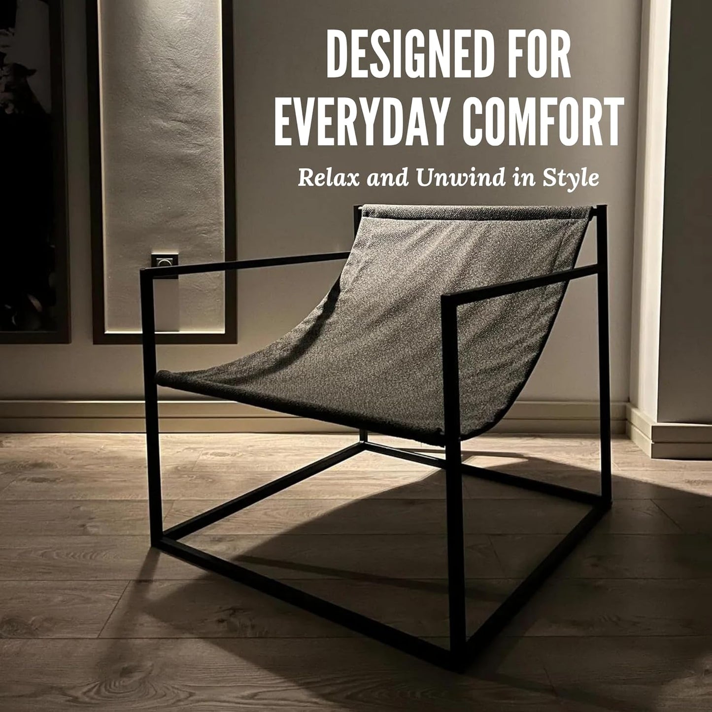 Modern Designer Luxury Boucle Accent Chair with Metal Cube Frame - Minimalist Cozy Lounge Armchair - Relaxing Lazy Hammock Style (Anthracite)