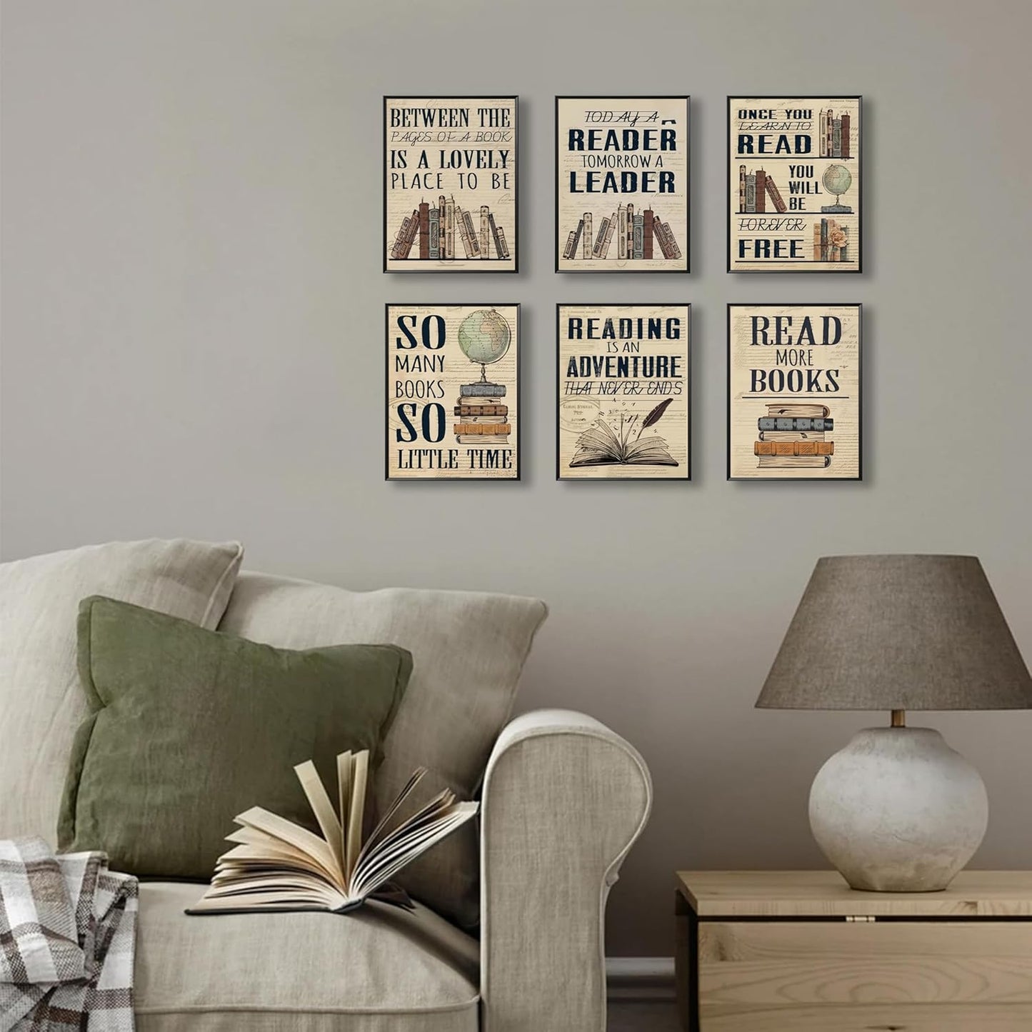 6 Piece Vintage Reading Quote Wall Art Prints, Retro Book Lover Canvas Posters with Inspirational Library Quotes, Rustic Literary Artwork for Classroom Study Office Living Room Home Decor 8x10 inch Unframed