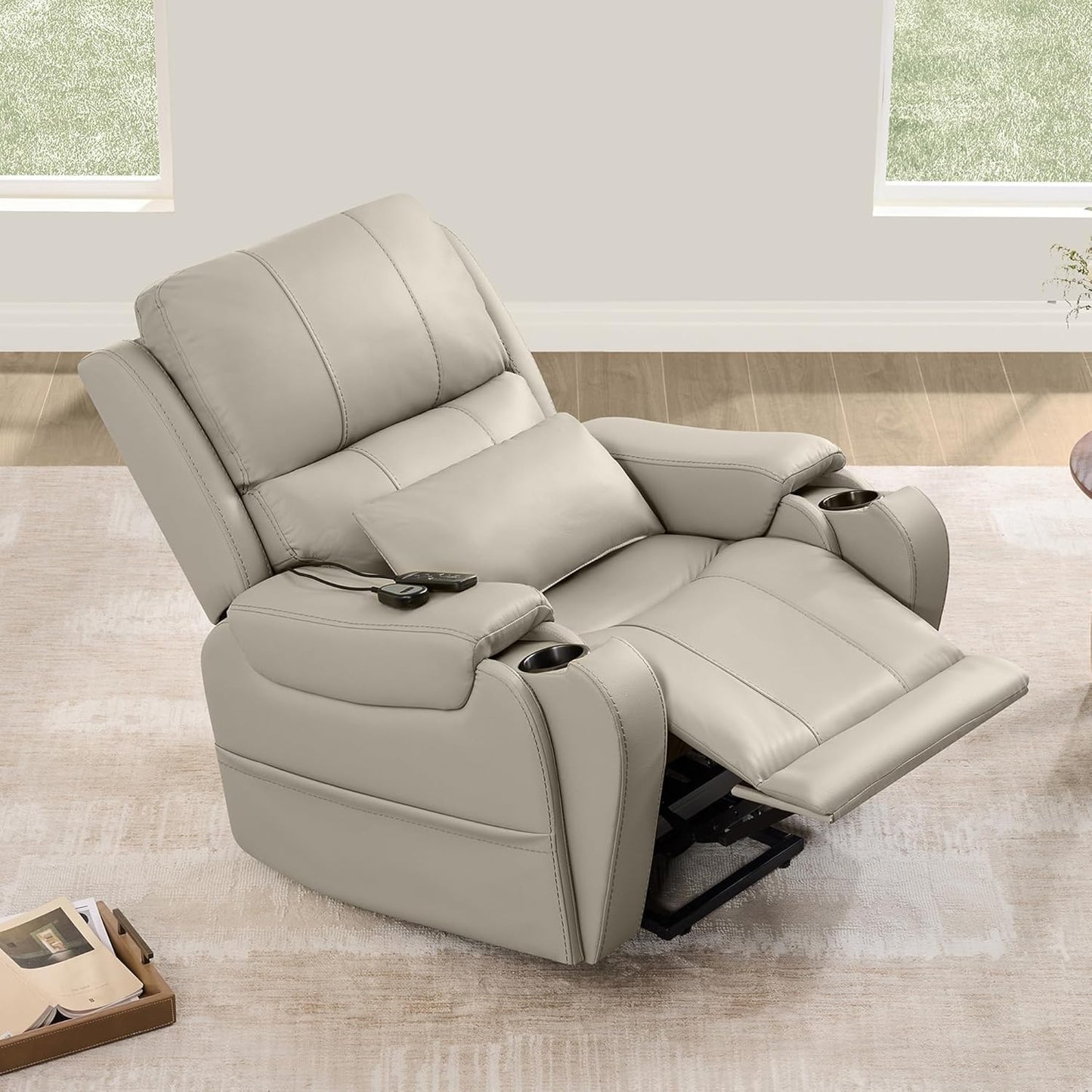 Power Lifting Recliner Chair with Heat and Massage Genuine Leather Electric Lift Chairs Cup Holder Removable Lumbar Pillow for Living Room Bedroom
