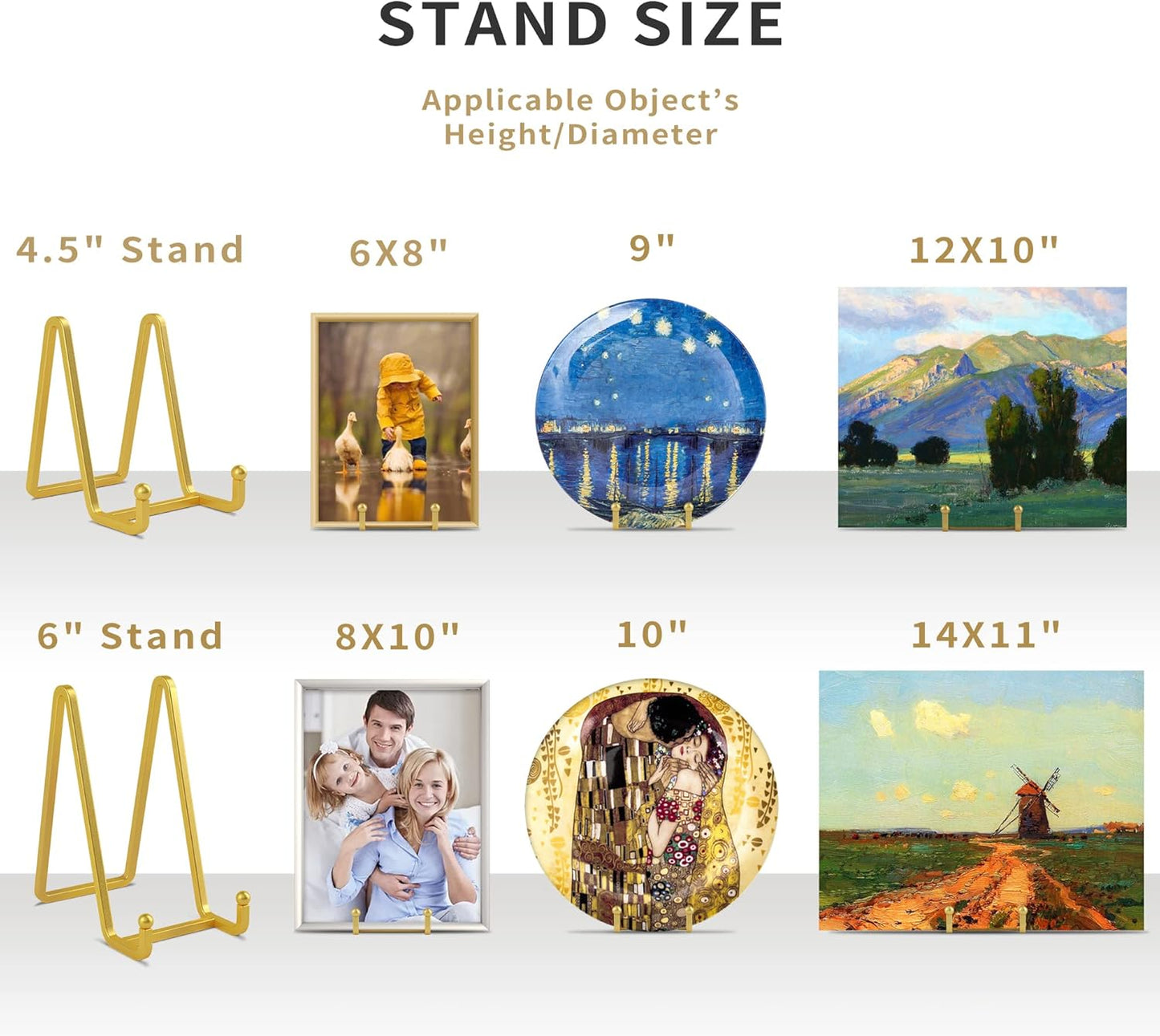 6 Inch Metal Square Wire Plate Stands for Display - Gold 2 Pack Holder Stand + Picture Frame Easel for Book, Decorative Plaque, Photo, Platter