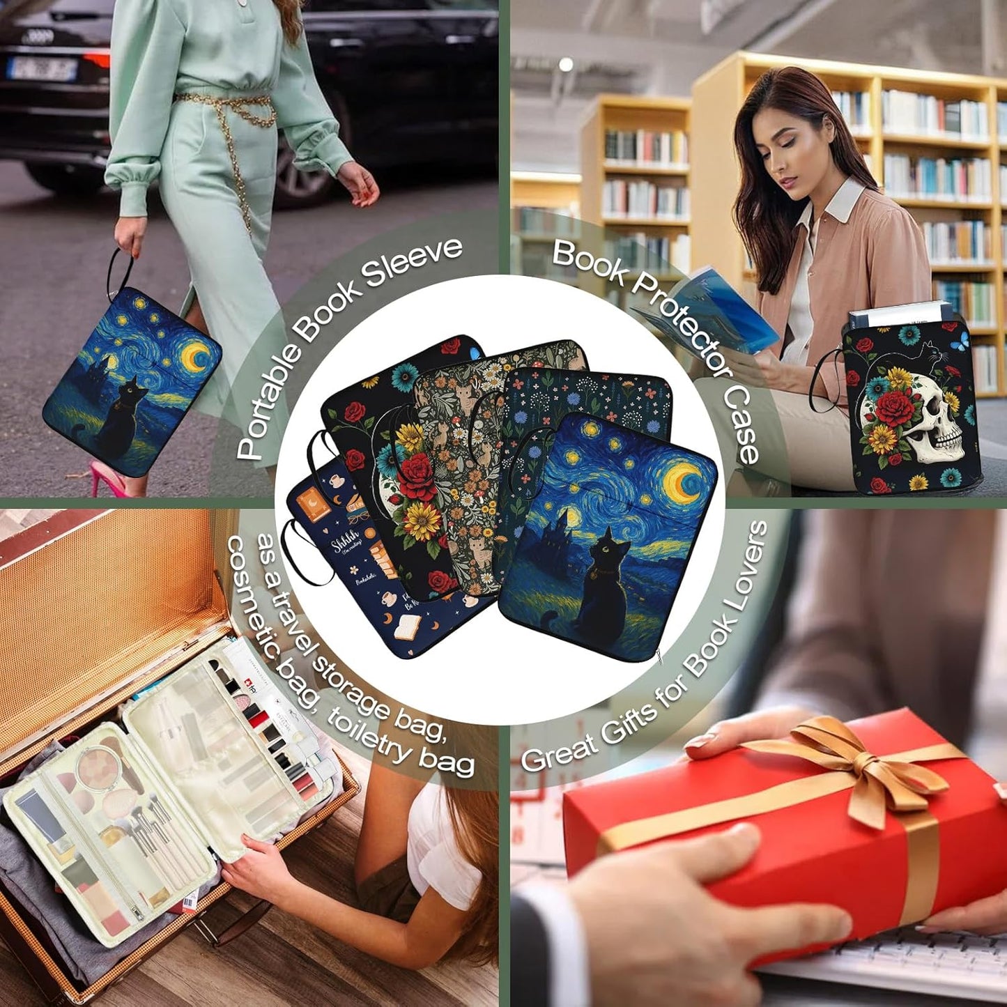 Book Sleeve for Book Lovers,Just One More Chapter Waterproof PU Leather Travel Book Carrying Case,Book Pouch with Zipper,Cute Cat Book Portable Book Protector Cover Bag for Hardcover Paperbacks Gift