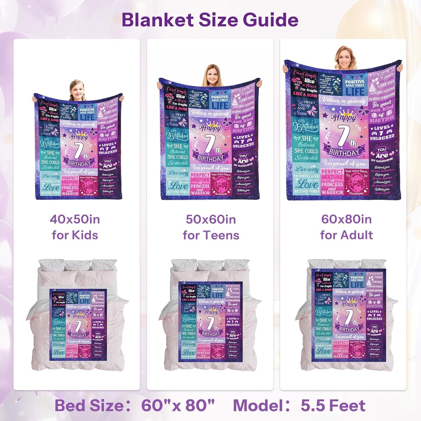 7 Year Old Girl Birthday Gift, Gifts for 7 Year Old Girls, Happy 7th Birthday Girls Throw Blanket 50 x 60 Inch, 7th Birthday Decorations for Girl