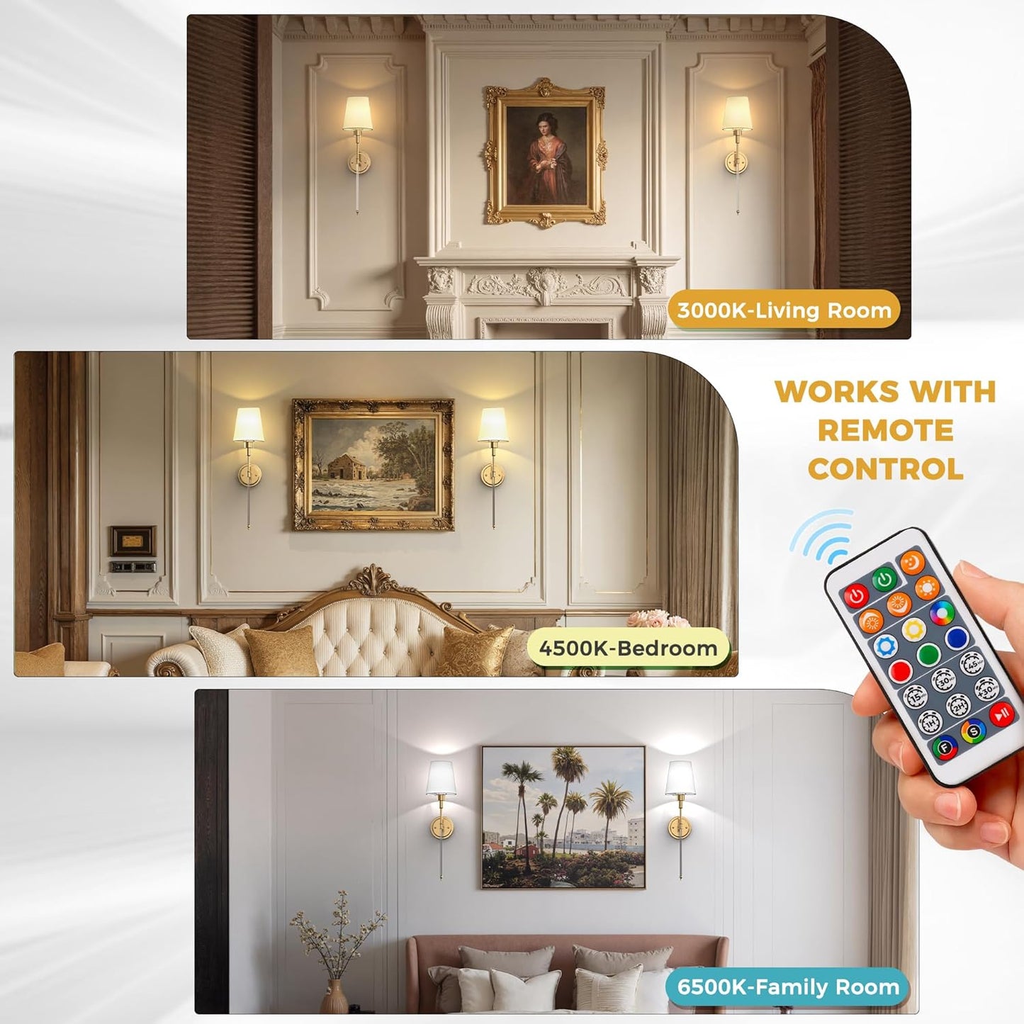 DORESshop Battery Operated Wall Sconce Set of 2, Wall Light Wireless Easy to Install, Dimmable and Adjustable Sconce Wall Decor, Rechargeable Wall Lamp for Bedroom, Living Room, Gold and Glass 24.6in