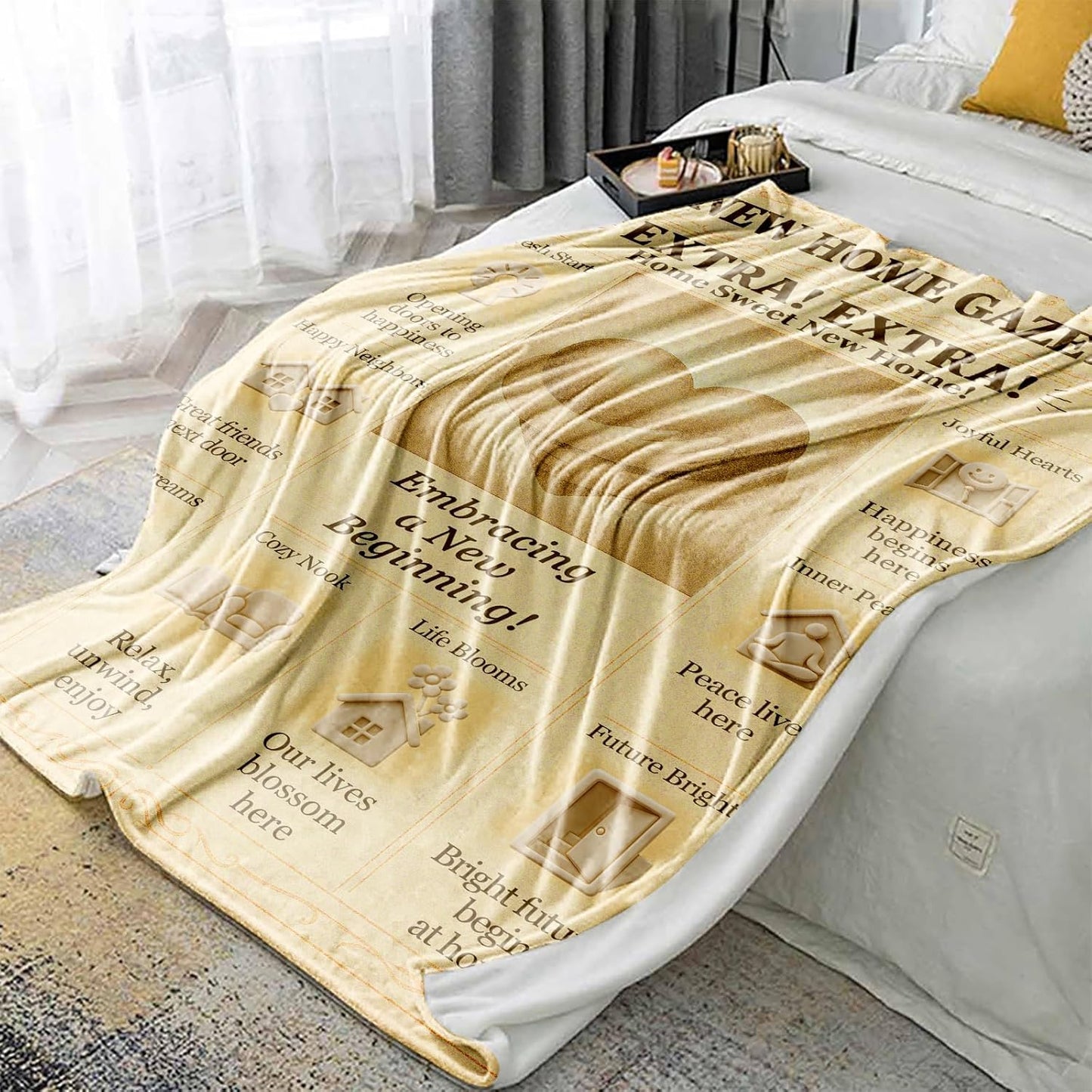 Housewarming Blanket 60x50 Soft Flannel Throw - “New Home Gazette” Vintage Newspaper Style - Neutral Cozy Decor - New Home Gift for Couple, Neighbor, Real Estate Closing