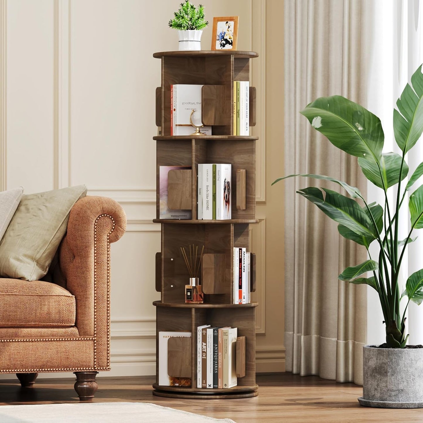 Wooden Rotating Bookshelf 4 Tier, Round Revolving Bookcase, 360° Spinning Book Shelf Tower Kids, Narrow Bookshelves Lazy Susan Organizer for Small Space, Corner, Bedroom, Living Room, Office, Walnut
