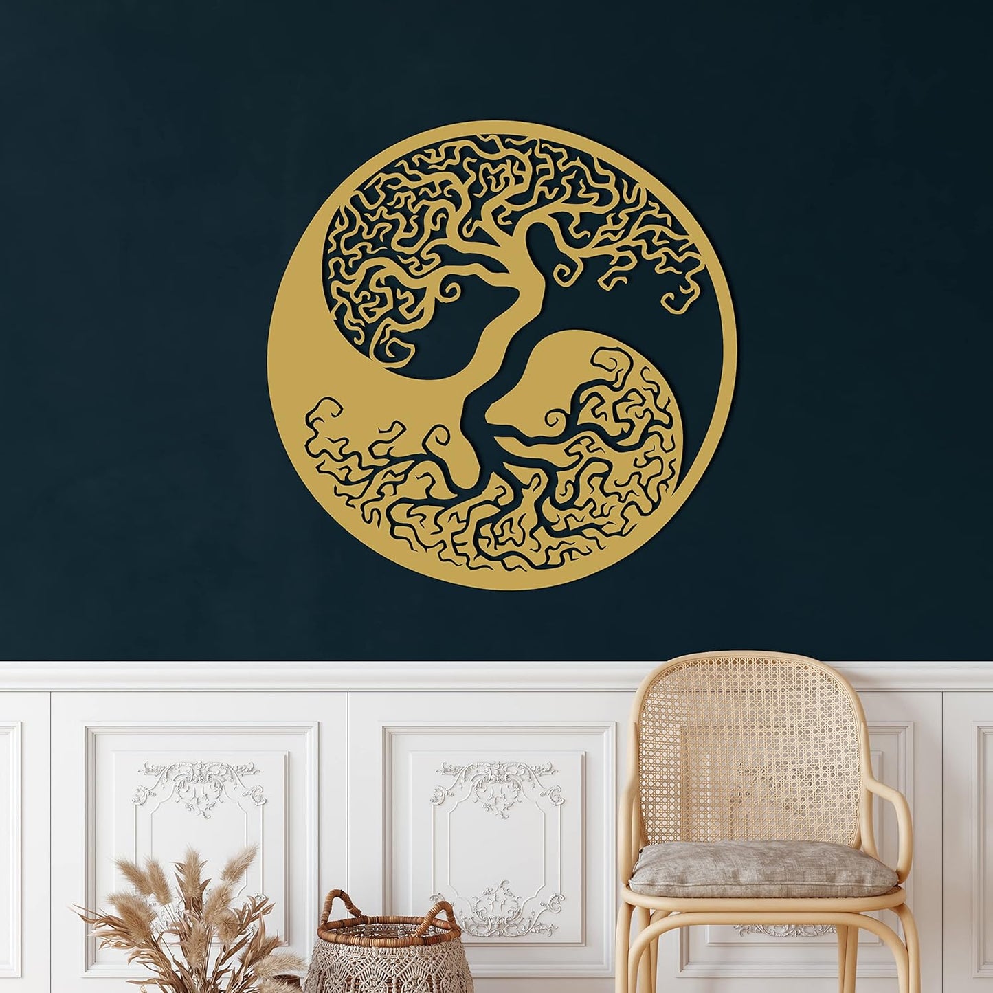 Metal Wall Decor, Family Tree Ying Yang , Home Living Room Decor, Wall Sign, Metal Wall Art, Interior Decoration, Indoor Outdoor Hangings, Gold (60x60cm)