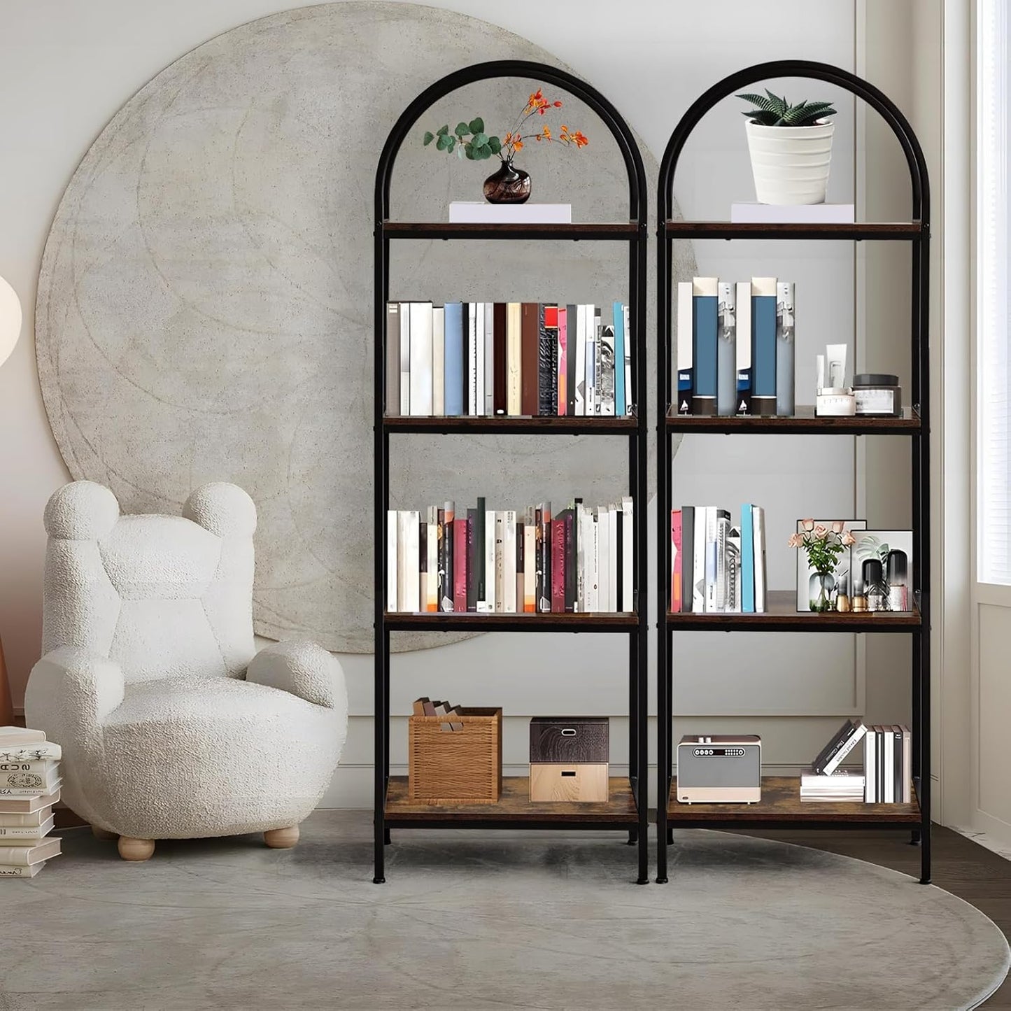 Garvee Arched Bookshelf 4 Tier,Arched Display Racks,Tall Standing Bookshelves with Metal Frame,Modern Open Storage Shelf Display Rack for Bedroom, Living Room, Home Office