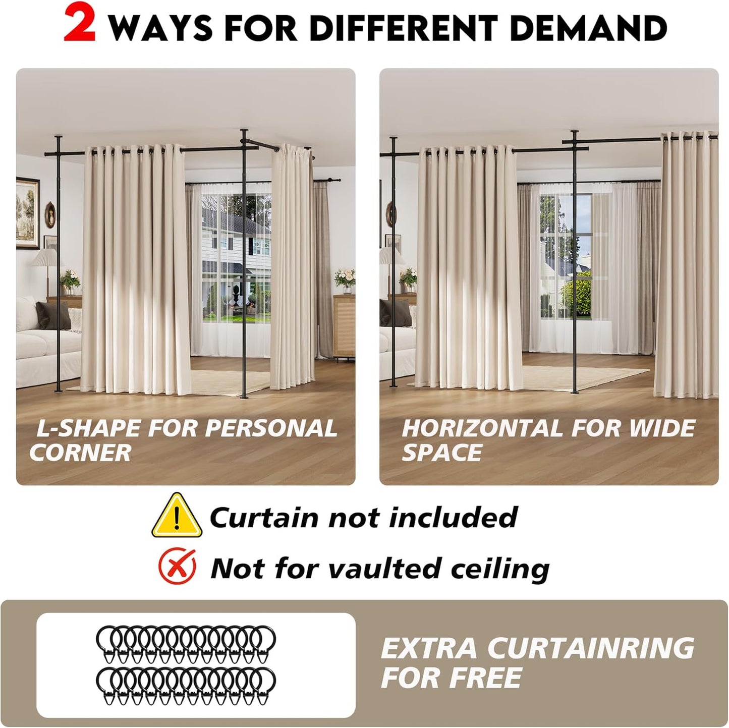 Curtain Rods No Drilling for Room Divider, Tension Curtain Rod 180in Wide Adjustable Wall Divider for Window Heavy Duty Partition Room Dividers Separation, Floor to Ceiling Space Privacy Separator