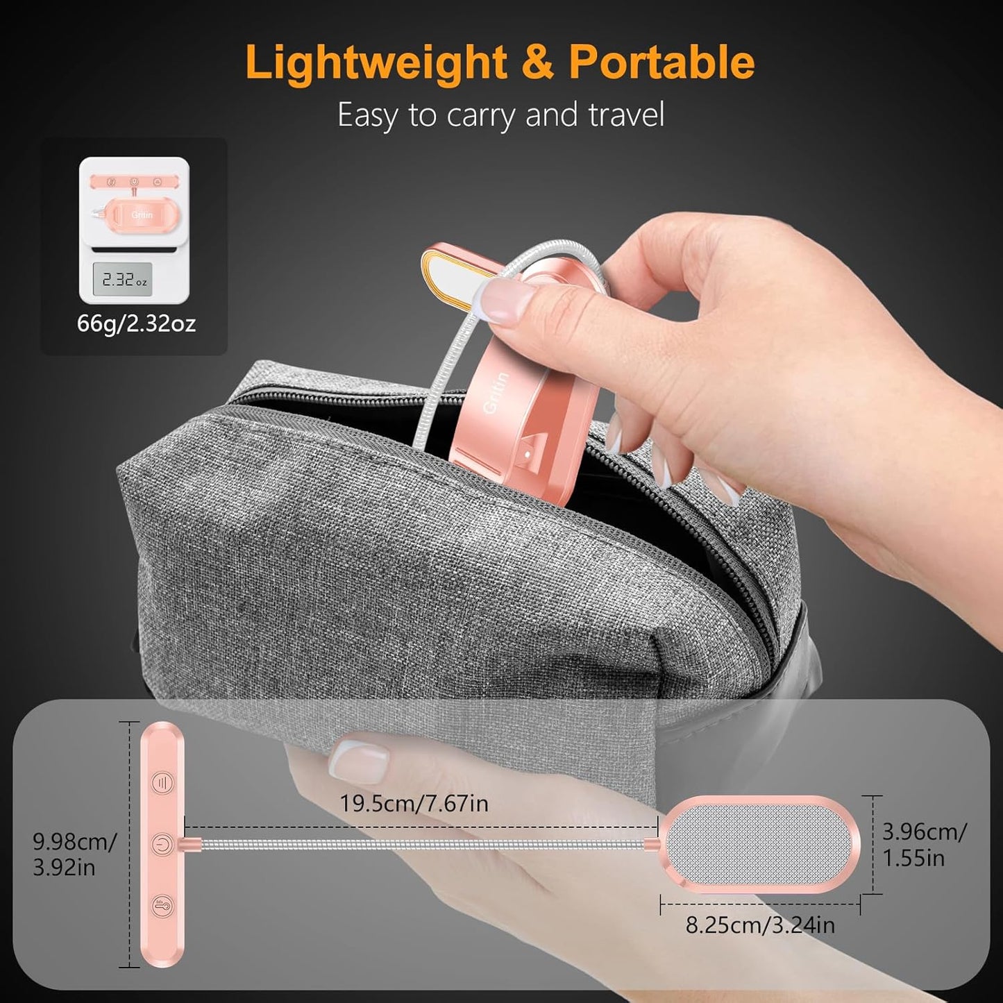 Gritin Rechargeable Book Light for Reading in Bed with 19 LED &Memory Function-Eye Caring 3 Color Temperatures,5 Brightness Levels,90 Hrs Runtime Flexible Goose Neck Clip on Light-Pink