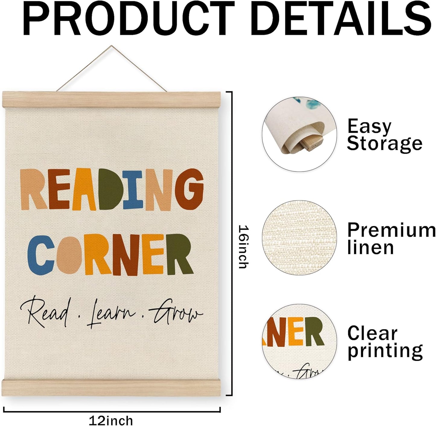 MAQIKA Reading Corner Poster Framed with Wood Hanger, Kids Reading Nook Hanging Wall Decor, Nursery Library Sign Canvas Wall Art Paint for Playroom School 12x16