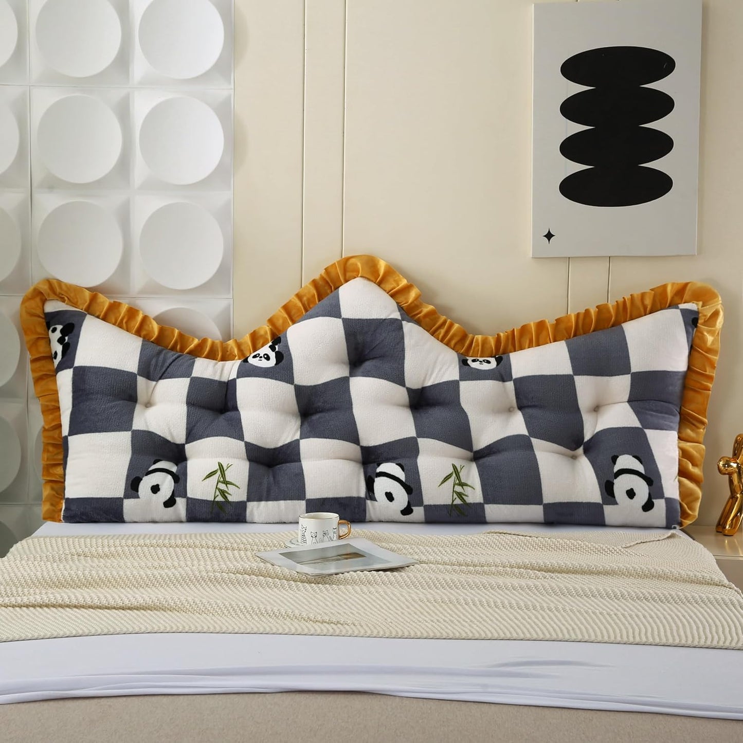 ROOMLIFE Headboard Pillow Crown Princess Soft Black&White Grid Bed Pillow for Headboard Backrest Positioning Support Bed Rest Reading Pillow Panda Pattern Headboard Pillow with Removable Cover,Queen