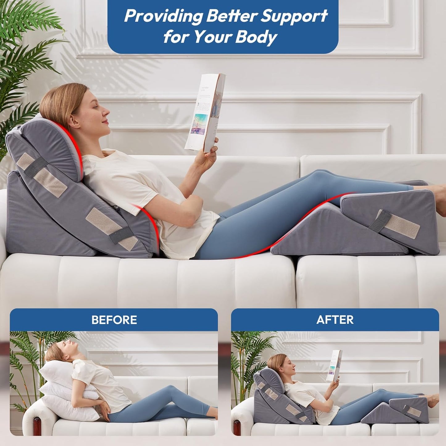6PCS Wedge Pillow Set for After Surgery, Back Pillow for Bed Sitting Up, Orthopedic Bed Wedge for Body, Leg Pain Relief, Memory Foam Pillow for Post Surgery, Sleeping, Acid Reflux, Plush Grey