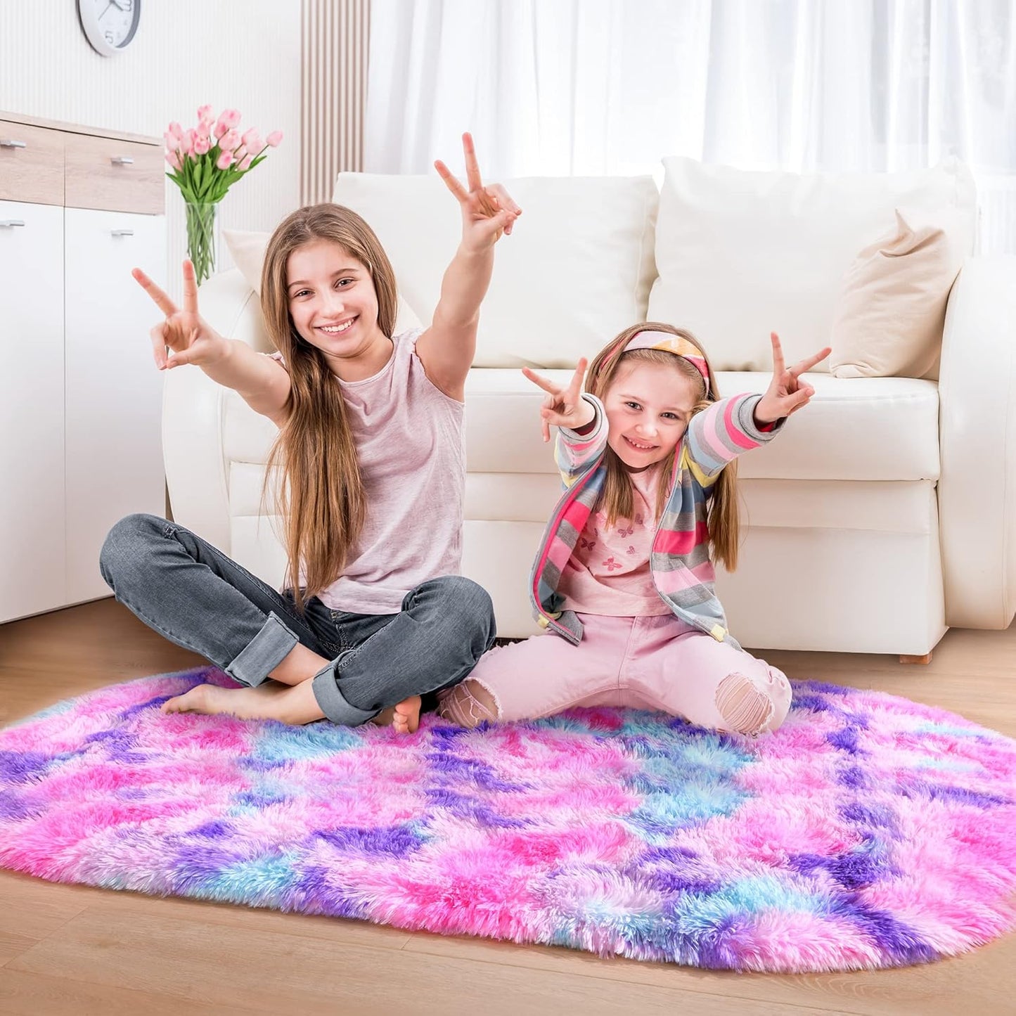 junovo Ultra Soft Washable Shaggy Rug - Non-Slip Oval Carpet for Nursery, Kids Bedroom & Home Decor (2.6x5.3ft Tie-Dye Hot Pink) | Plush Fluffy Floor Mat for Cozy Living Spaces