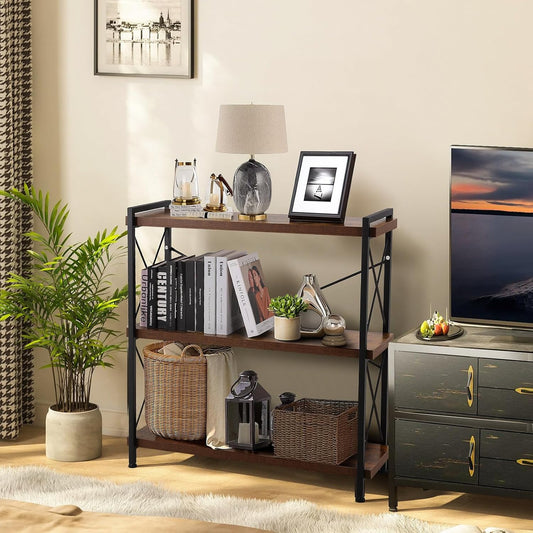 3 Tier Bookshelf 35.43" Width, Rustic Open 3 Shelf Short Bookcase with Metal Frame, Industrial Book Shelf for Home Office Bedroom Living Room (Rustic Brown)