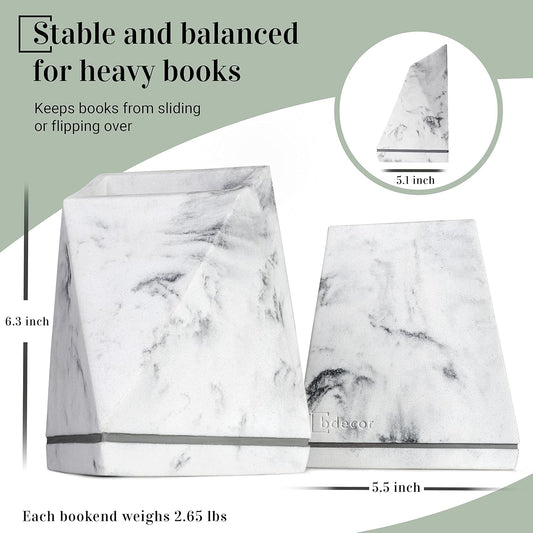 Marble Style Bookends - Decorative, Heavy Duty Book Holder for Shelves, Non Skid, Unique Design (White)