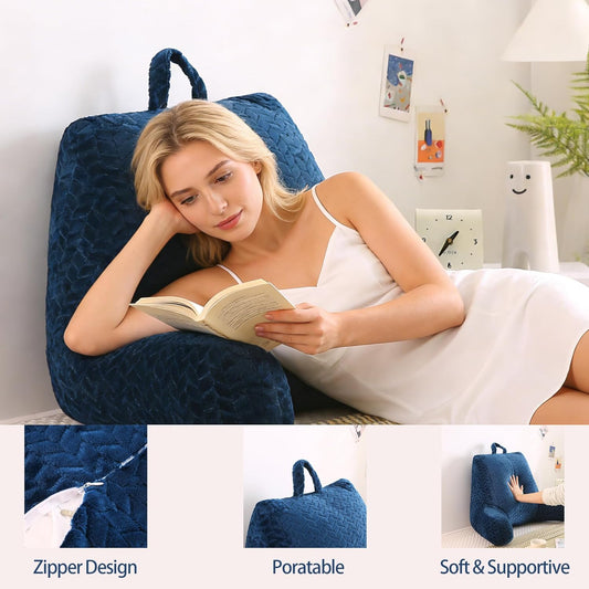 Adult Bed Reading Pillow, Filled with Memory Foam Backrest Pillow, with Armrests to Support The Back and Arms, Suitable for Sofas and Seats, Removable Pillowcase, Blue