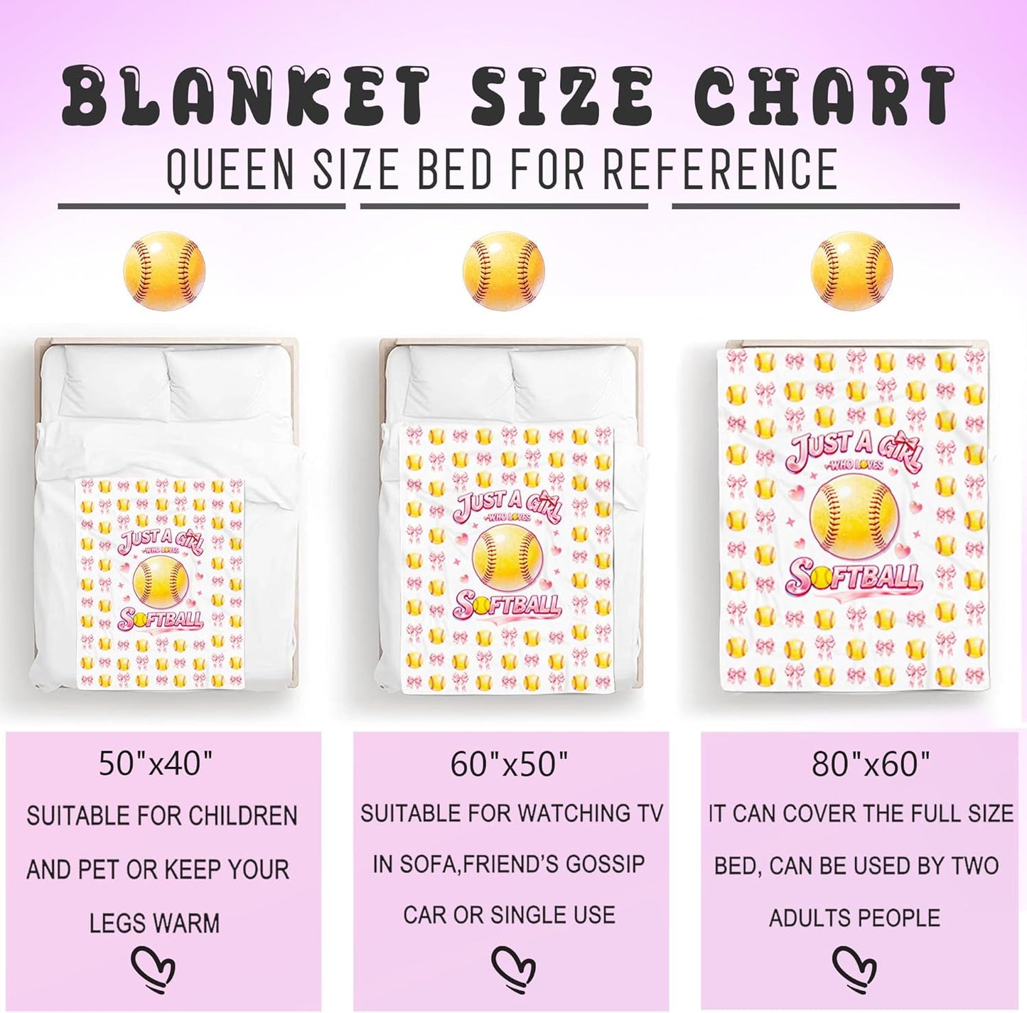Softball Blanket Gifts for Girls Women Softball Lovers Plush Cozy Flannel Pink Bow Softballs Throw Blankets Softballs Team Stuff Gifts for Birthday Bed Decor Kids Teens Adults 50"x40"