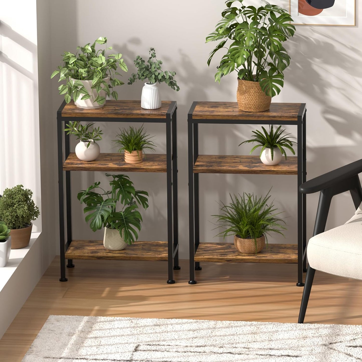 Narrow Side Table for Small Space, 3-Tier Small End Table with Shelf Holder, Slim Nightstand, Skinny Snack Couch Table in Living Room, Bedroom, Study, Kitchen and Balcony(Rustic Brown