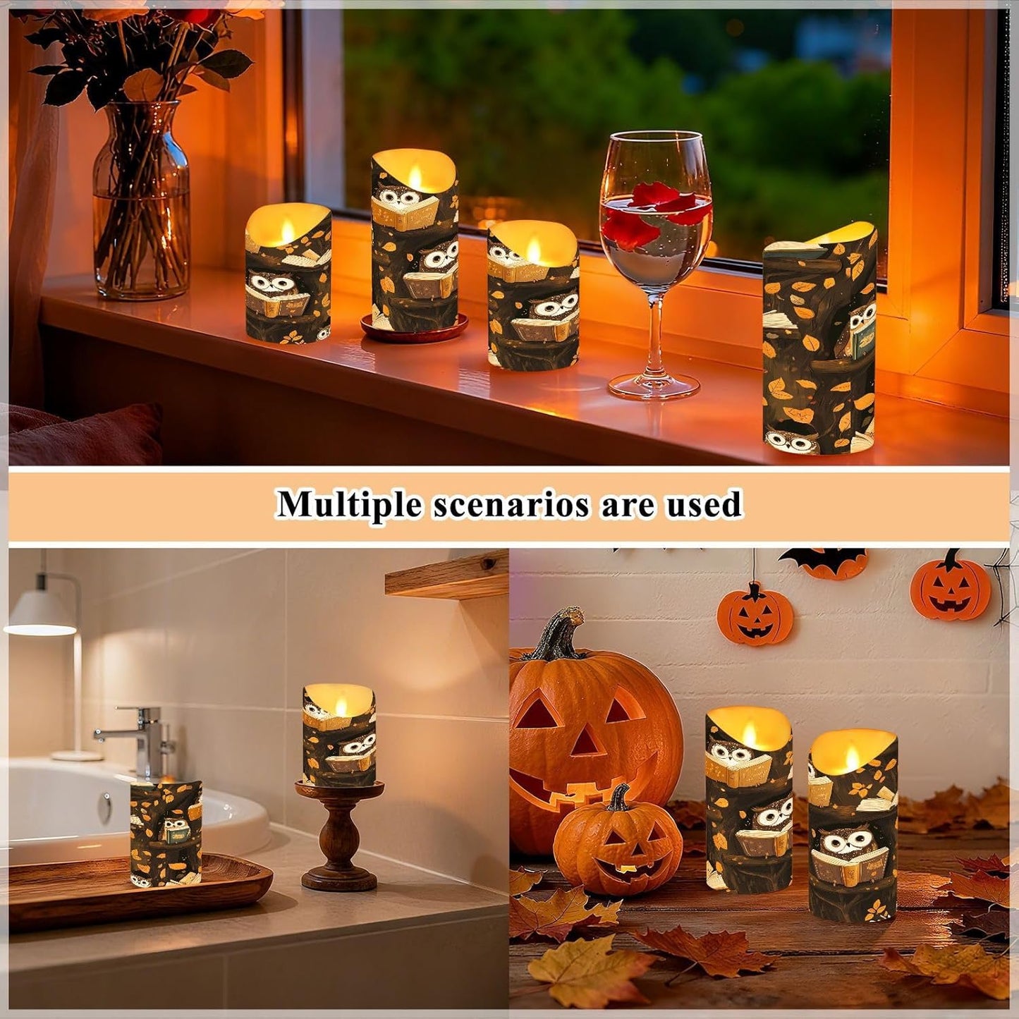 ALAZA Owl Reading Pattern Flameless Candles with Remote Timer,LED Flickering Battery Operated Electric Pillar Tea Light Candles for Wedding Table Christmas Decorations 3" x3.9"