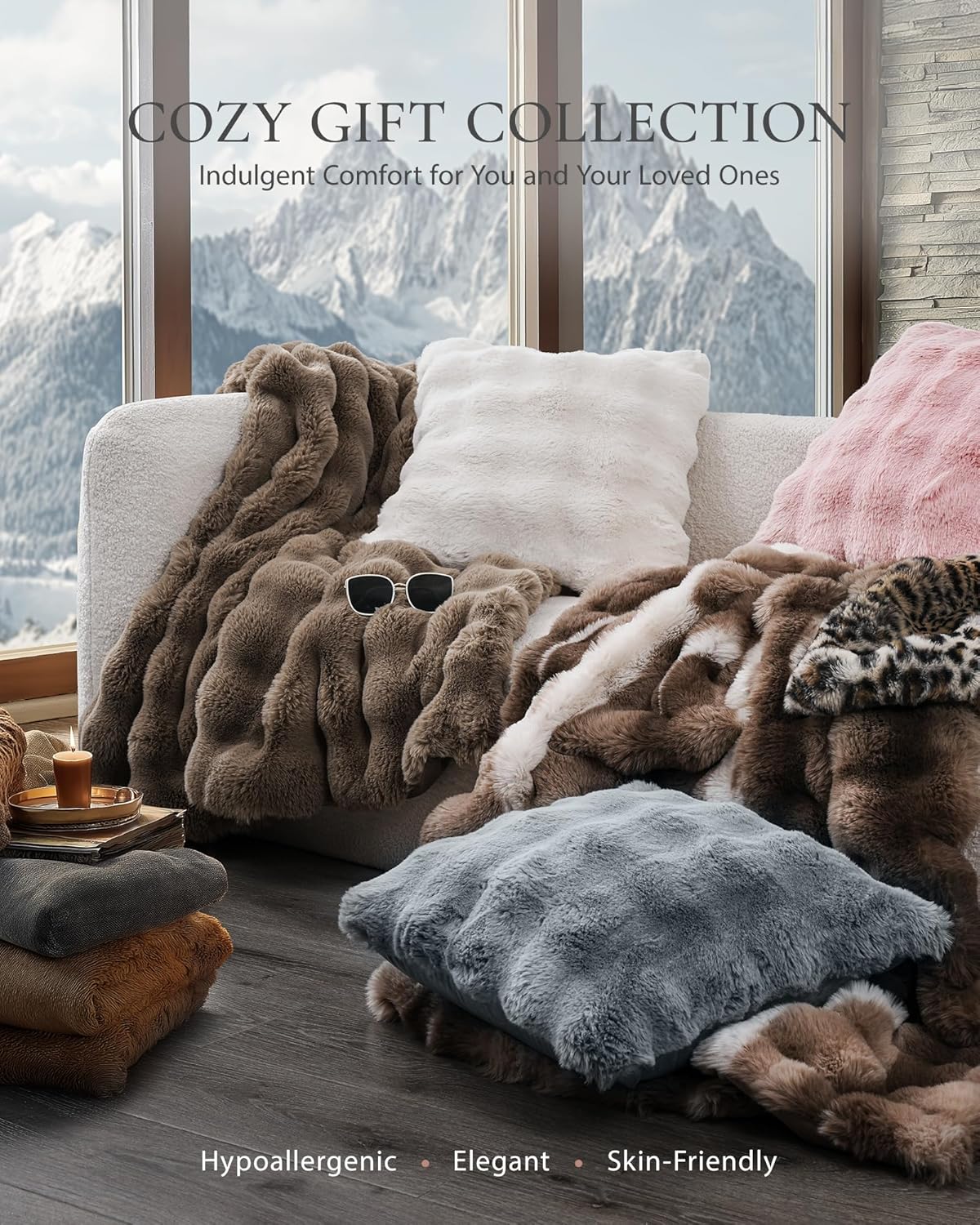 Faux Fur Throw Blanket, Bunny Blanket with Bubble Texture, Reversible Fluffy Blankets for Couch and Bed, Soft Cozy Faux Rabbit Fur Blanket for Home Décor, Cozy & Machine Washable
