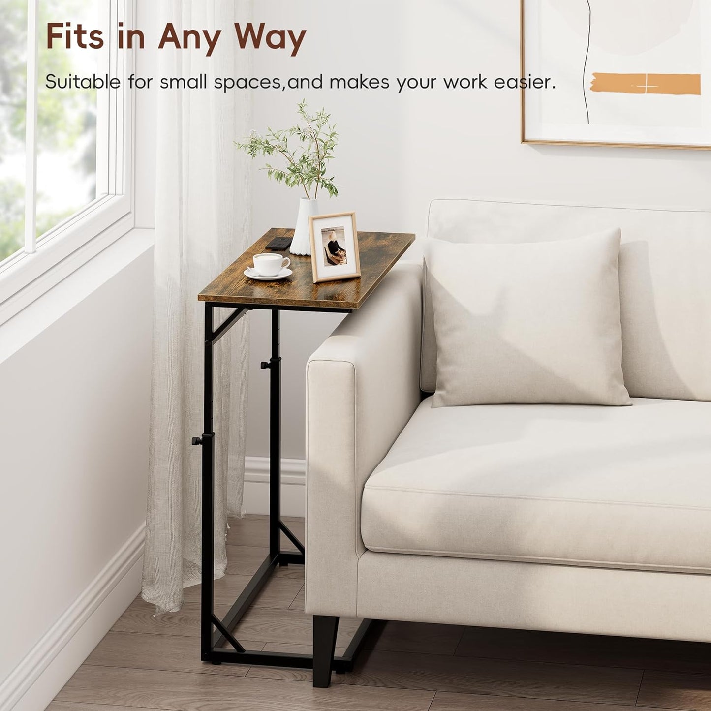 Vagusicc C Shaped End Table with Charging Station, Large C-Table End Table Adjustable Height Side Table for Couch, Couch Table Slide Under Sofa Table TV Tray Table for Sofa, Living Room, Bedroom,Brown